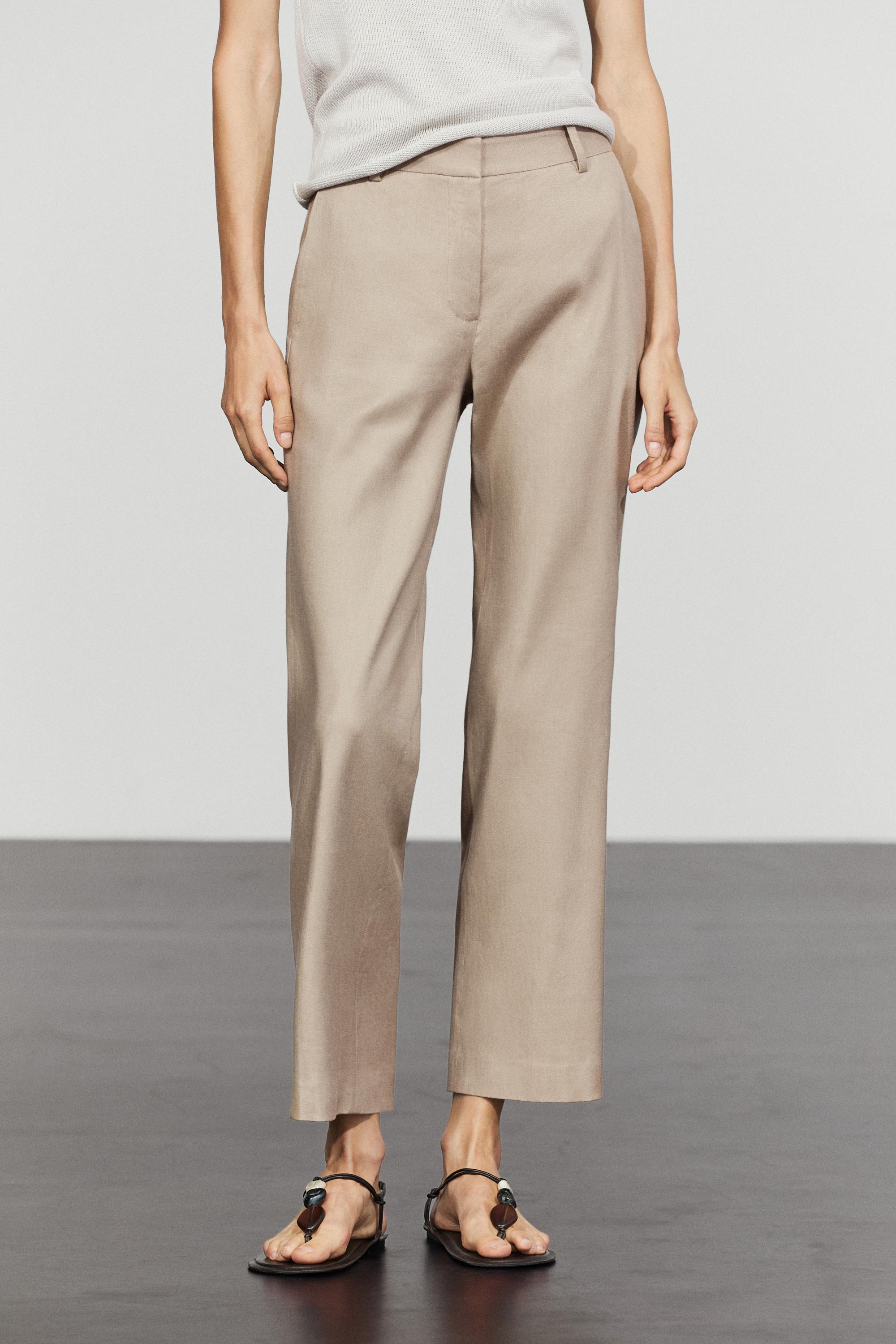 Straight-leg linen blend trousers — BEIGE