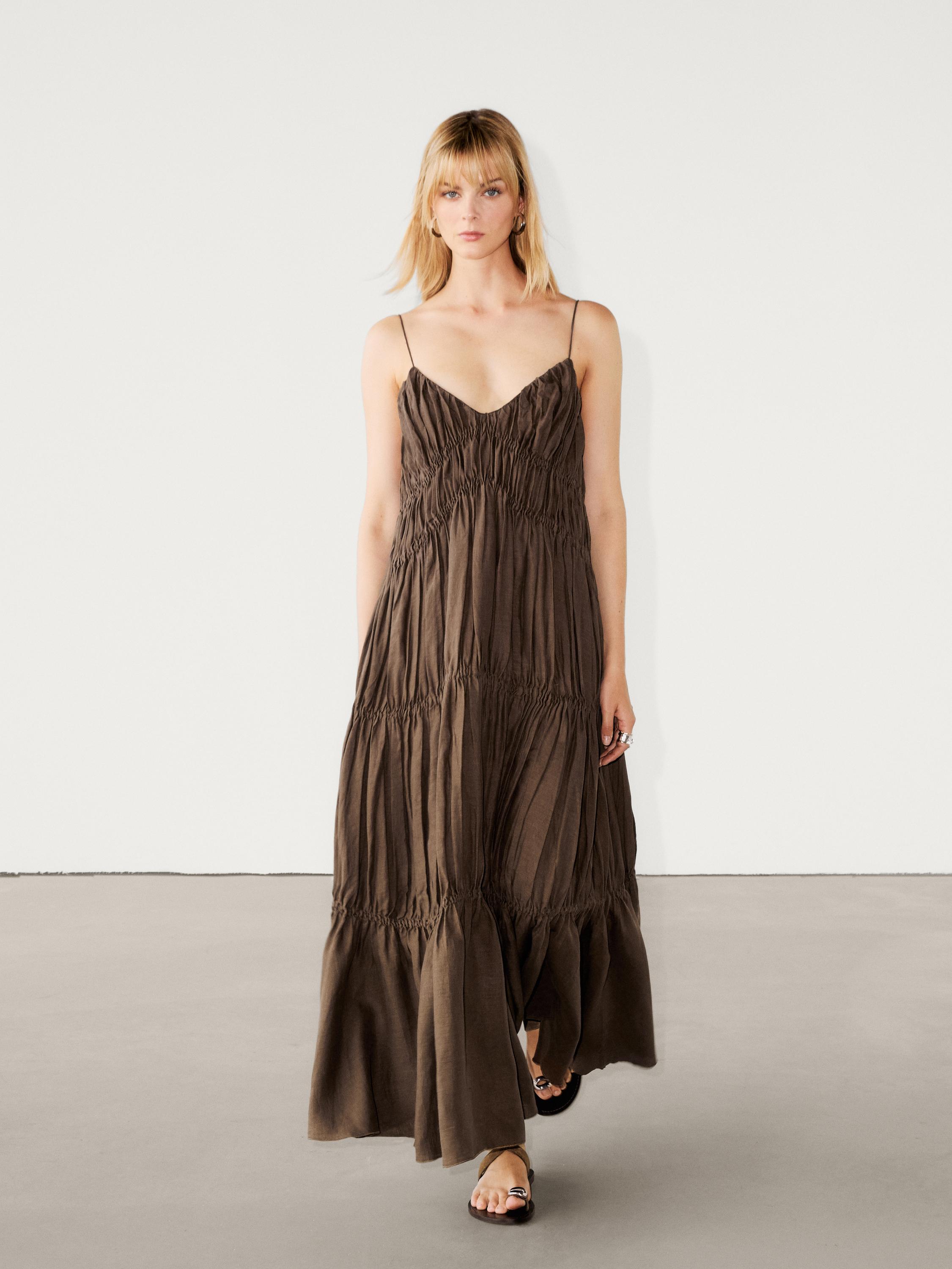 100 linen long dress with gathered detail Chocolate Red Smart Dresses And Jumpsuits Massimo Dutti