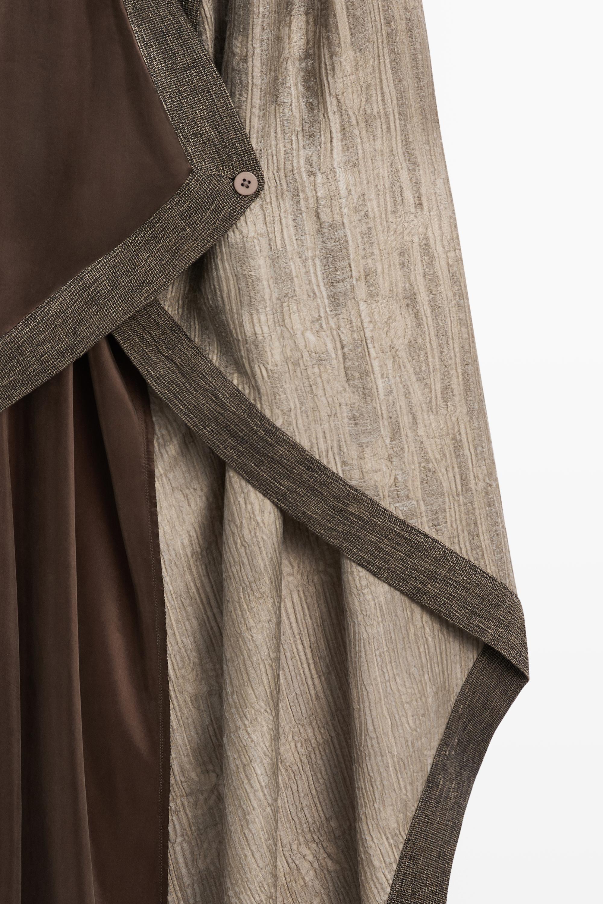 Flowing wrap top with mixed fabric detail — BROWN
