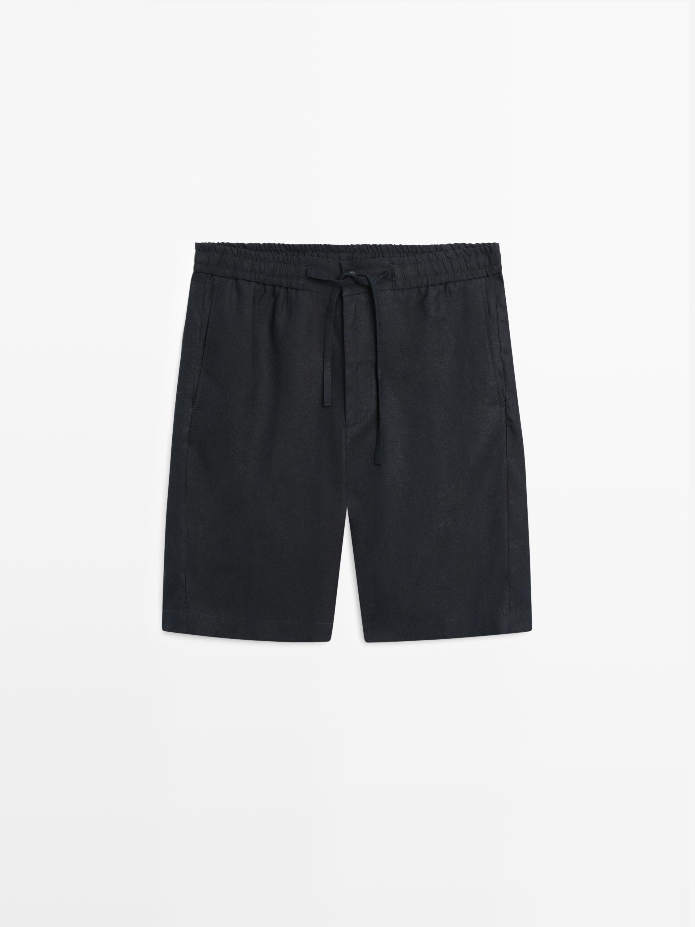 100% linen short Bermuda shorts — NAVY BLUE