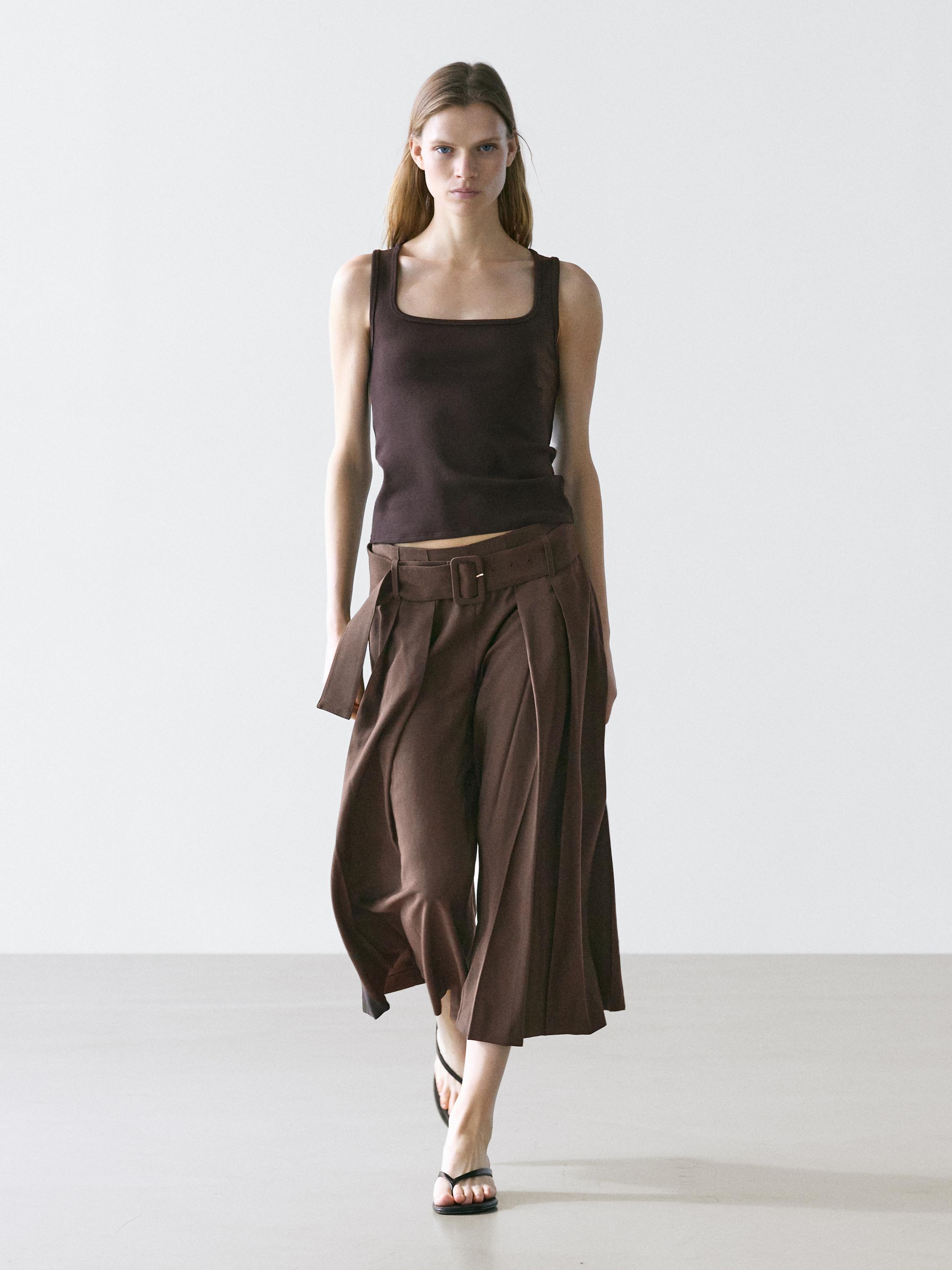 Pleated midi skort — BROWN