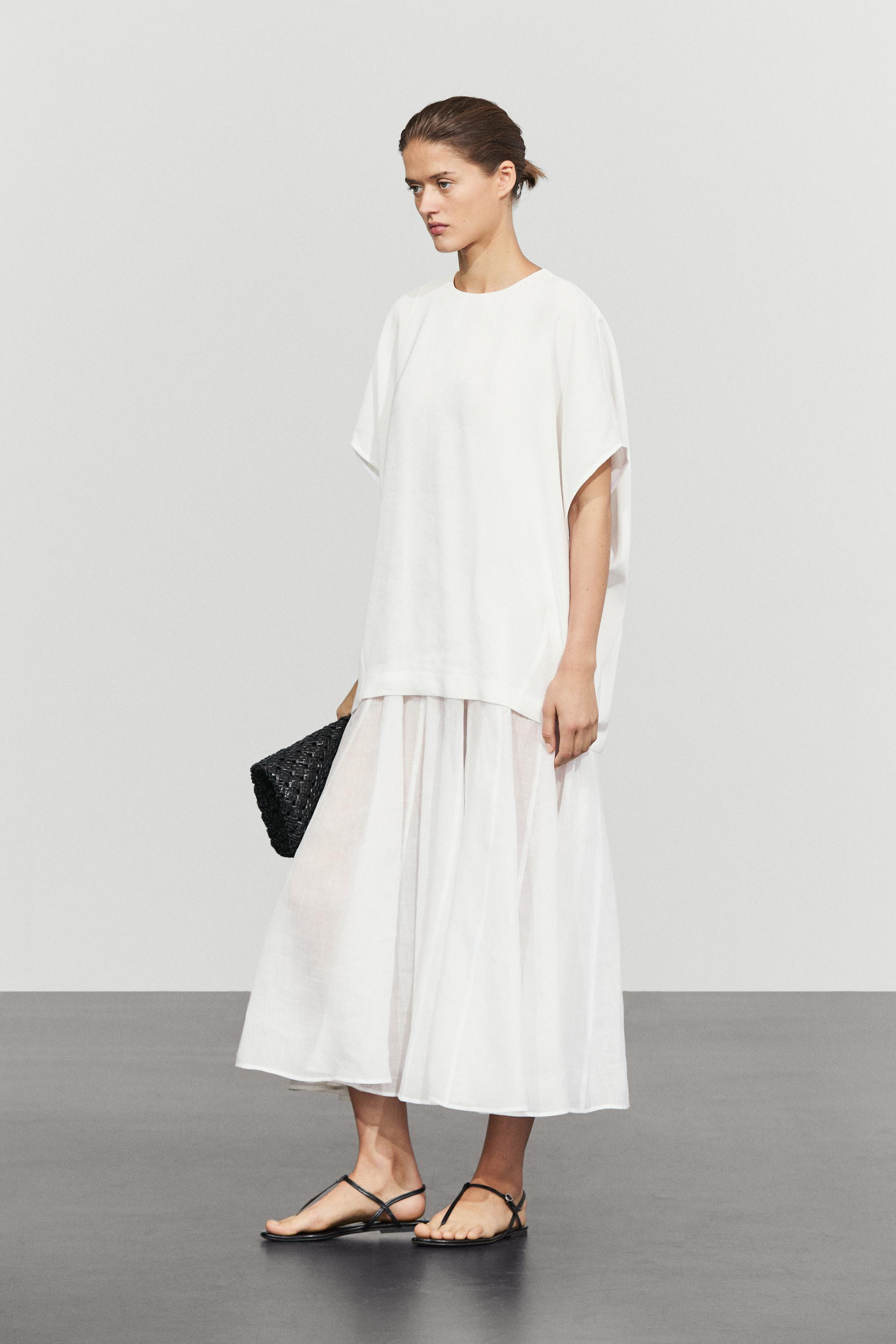 Combined linen-blend dress — WHITE