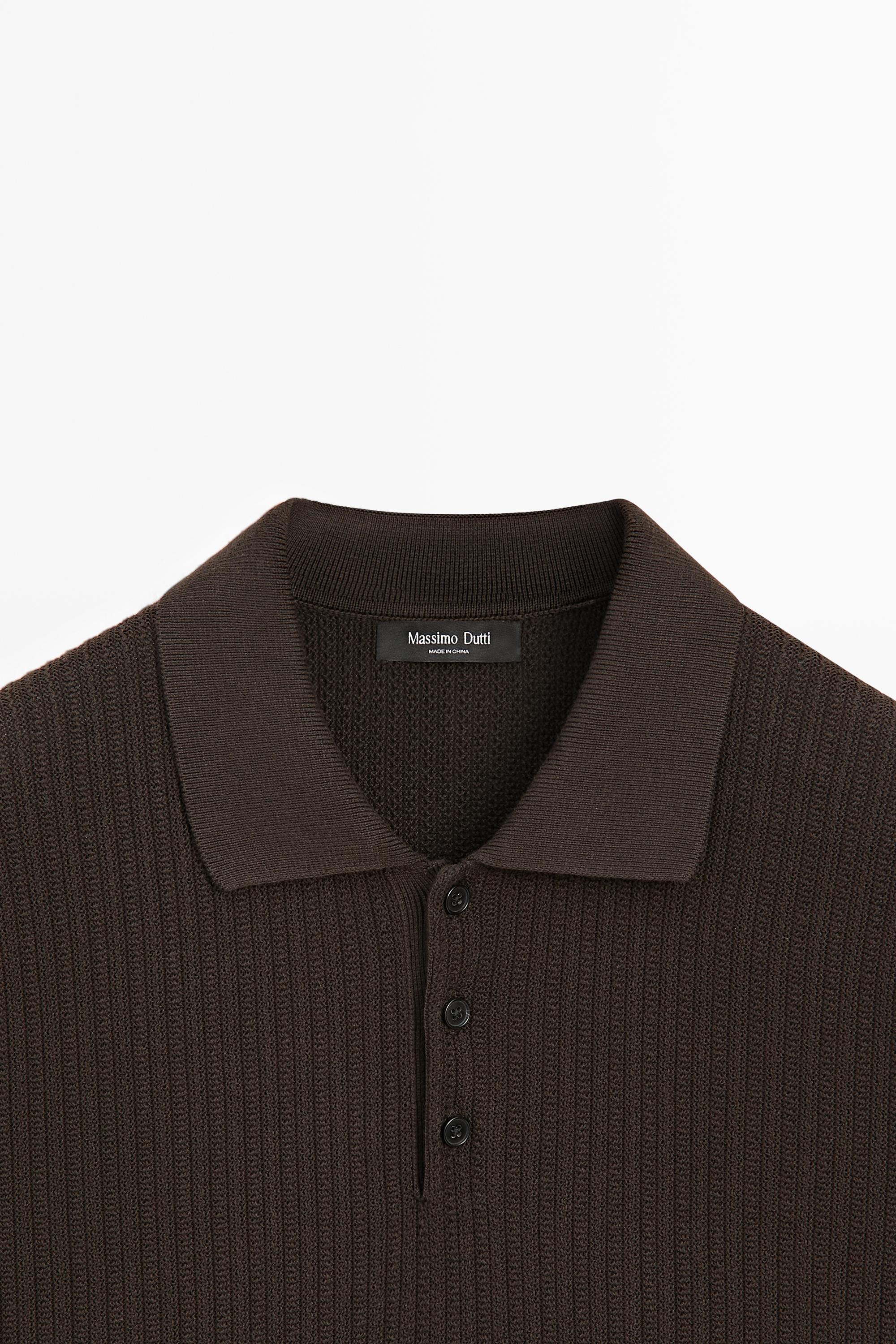 100% cotton textured knit polo sweater — BROWN MARL