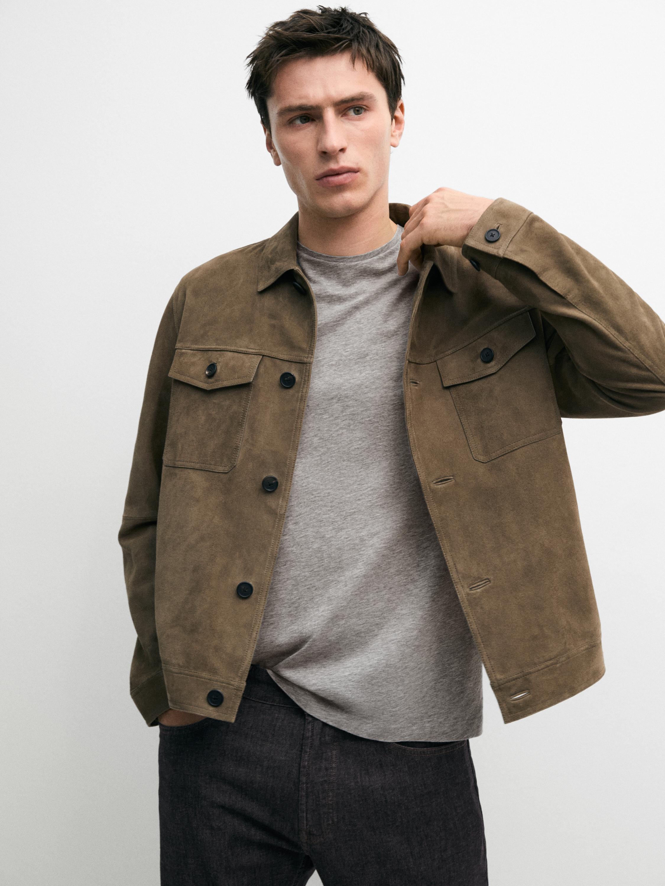 Distressed effect leather jacket with pockets — PALE GREEN
