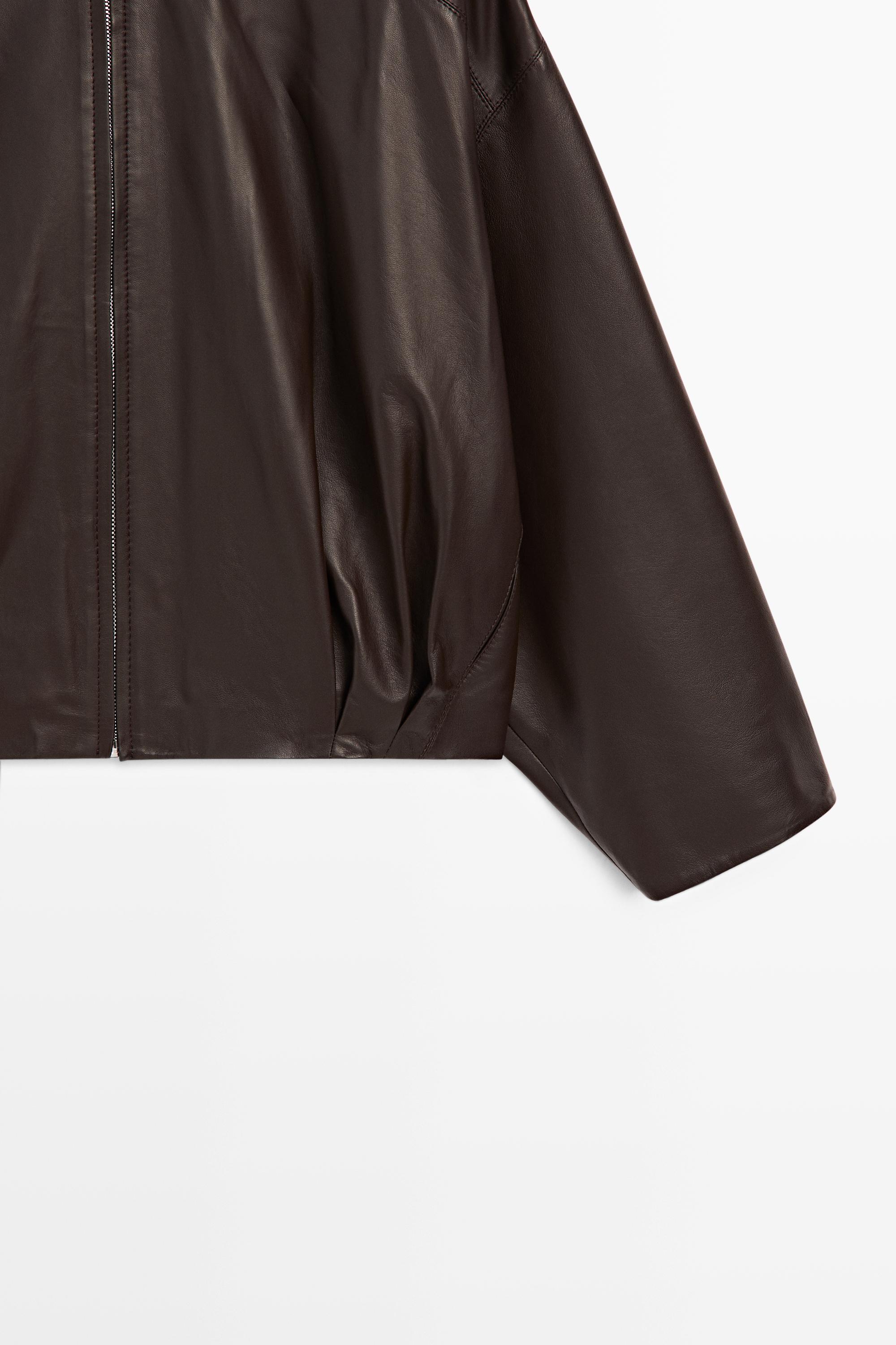 Nappa leather bomber jacket with pleat detail — BROWN