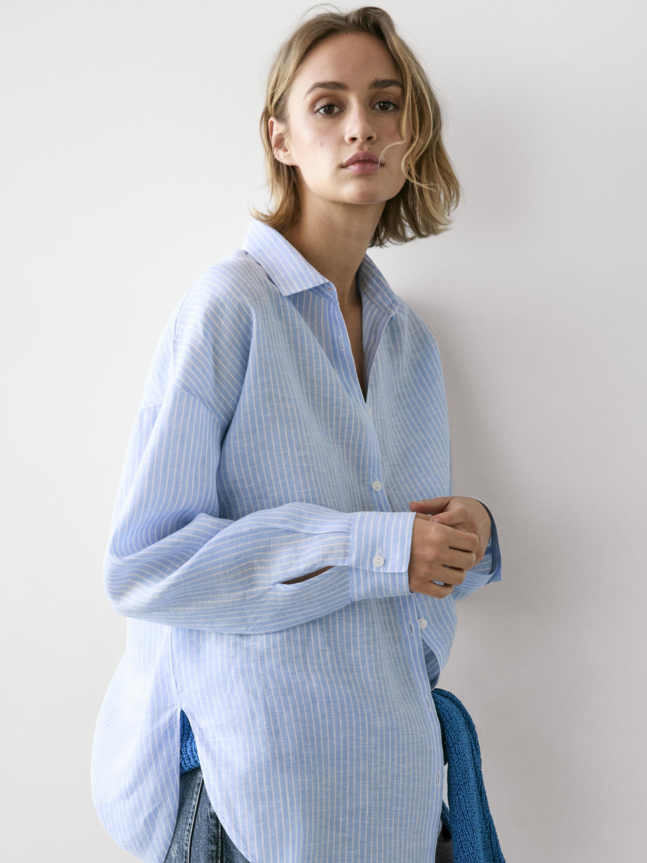 Flowing striped 100% linen shirt — SKY BLUE