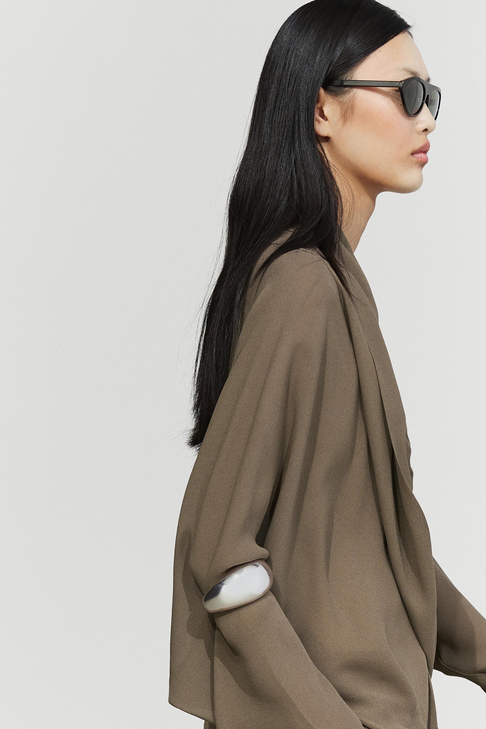 Flowy surplice draped neckline shirt — DARK KHAKI