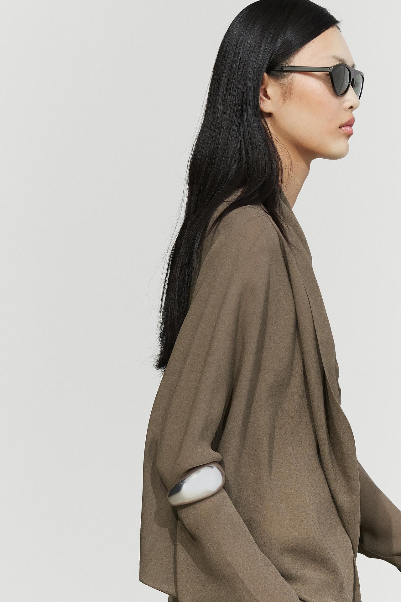 Flowing wrap blouse with draped neckline — DARK KHAKI