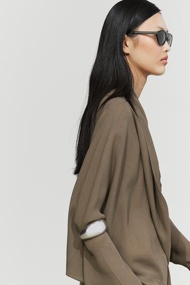 Flowing wrap blouse with draped neckline — DARK KHAKI 5