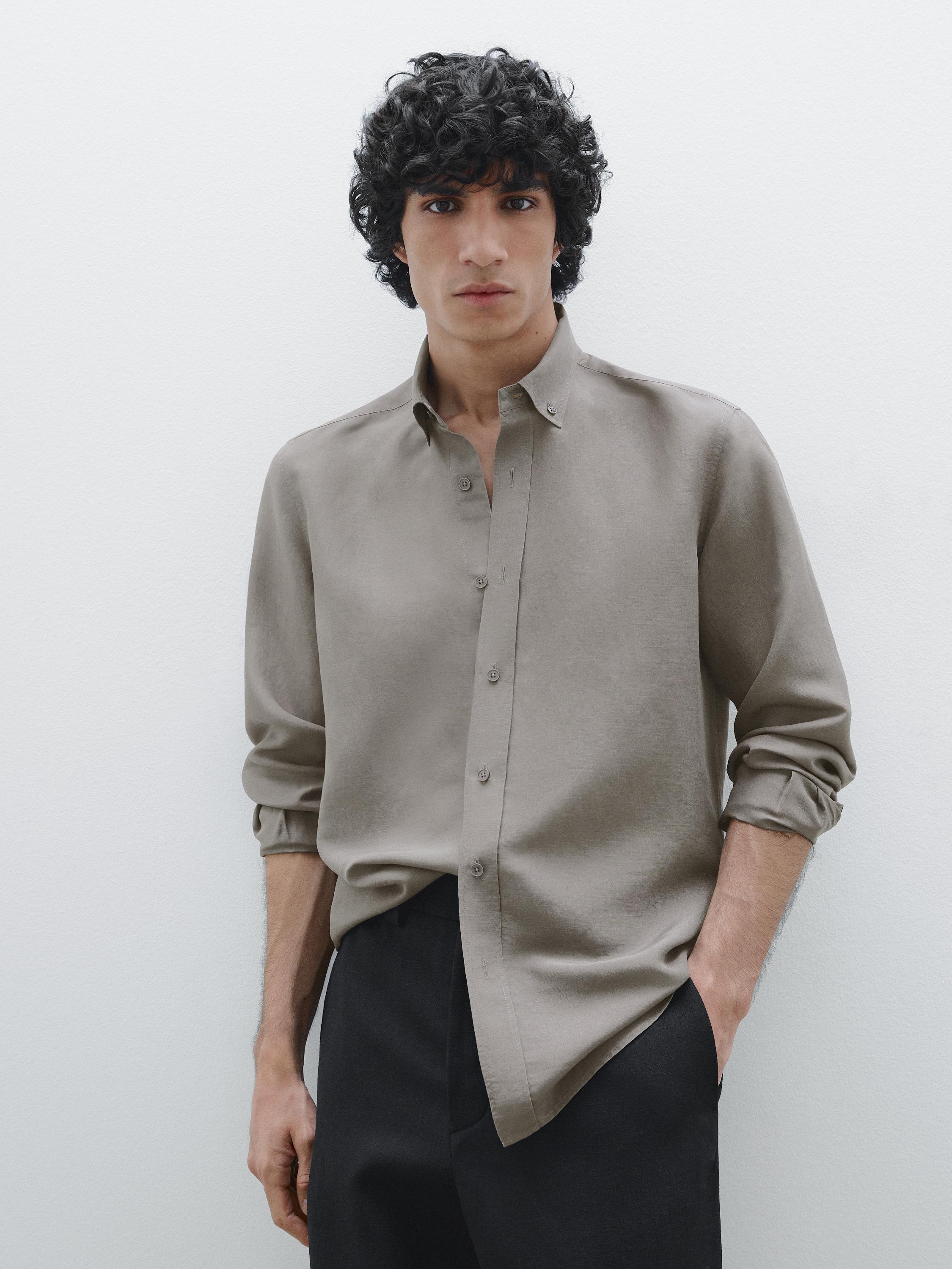 Slim fit keten karışımlı hafif gömlek