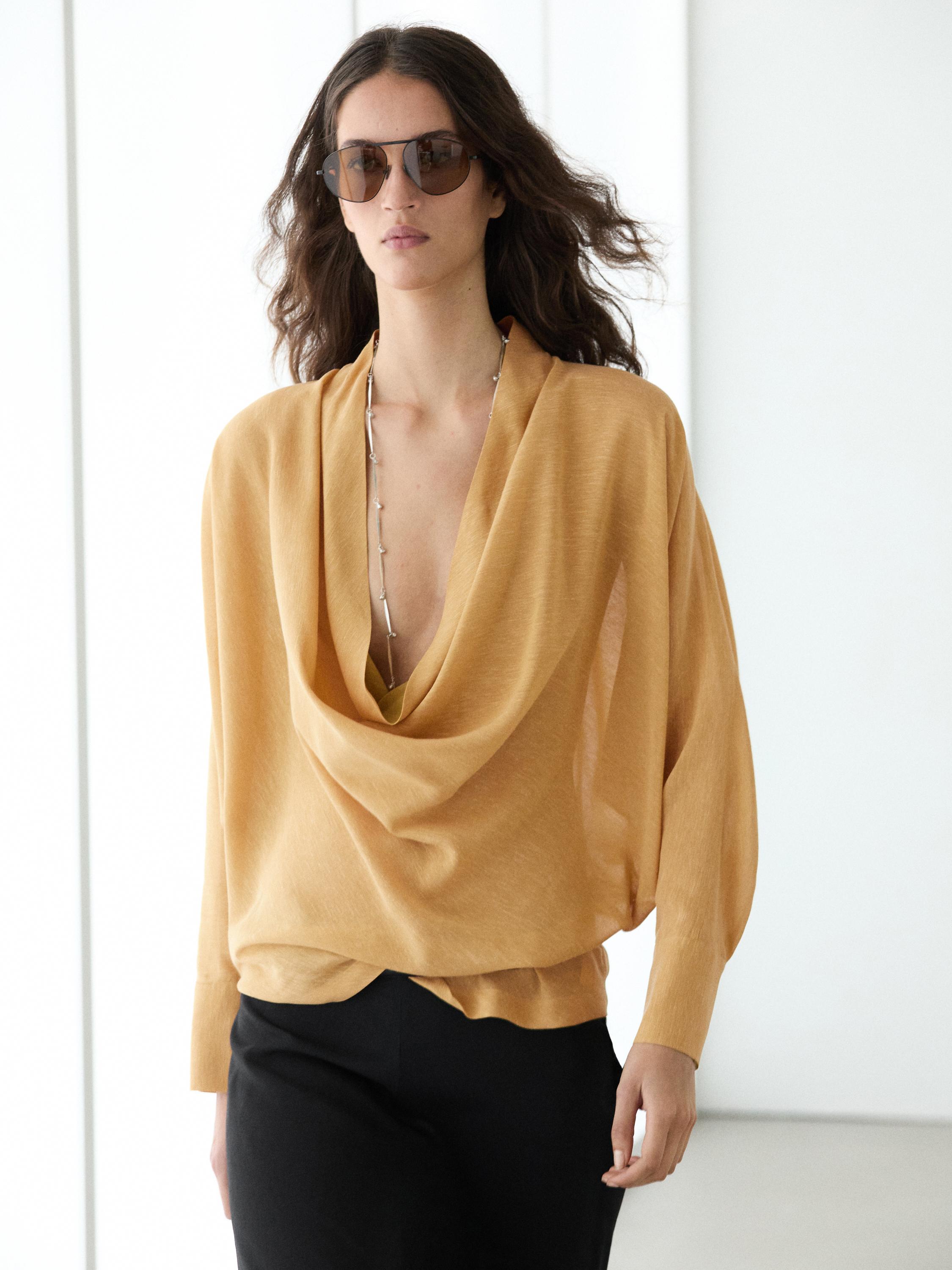 Flowing blouse with draped neckline — MUSTARD YELLOW