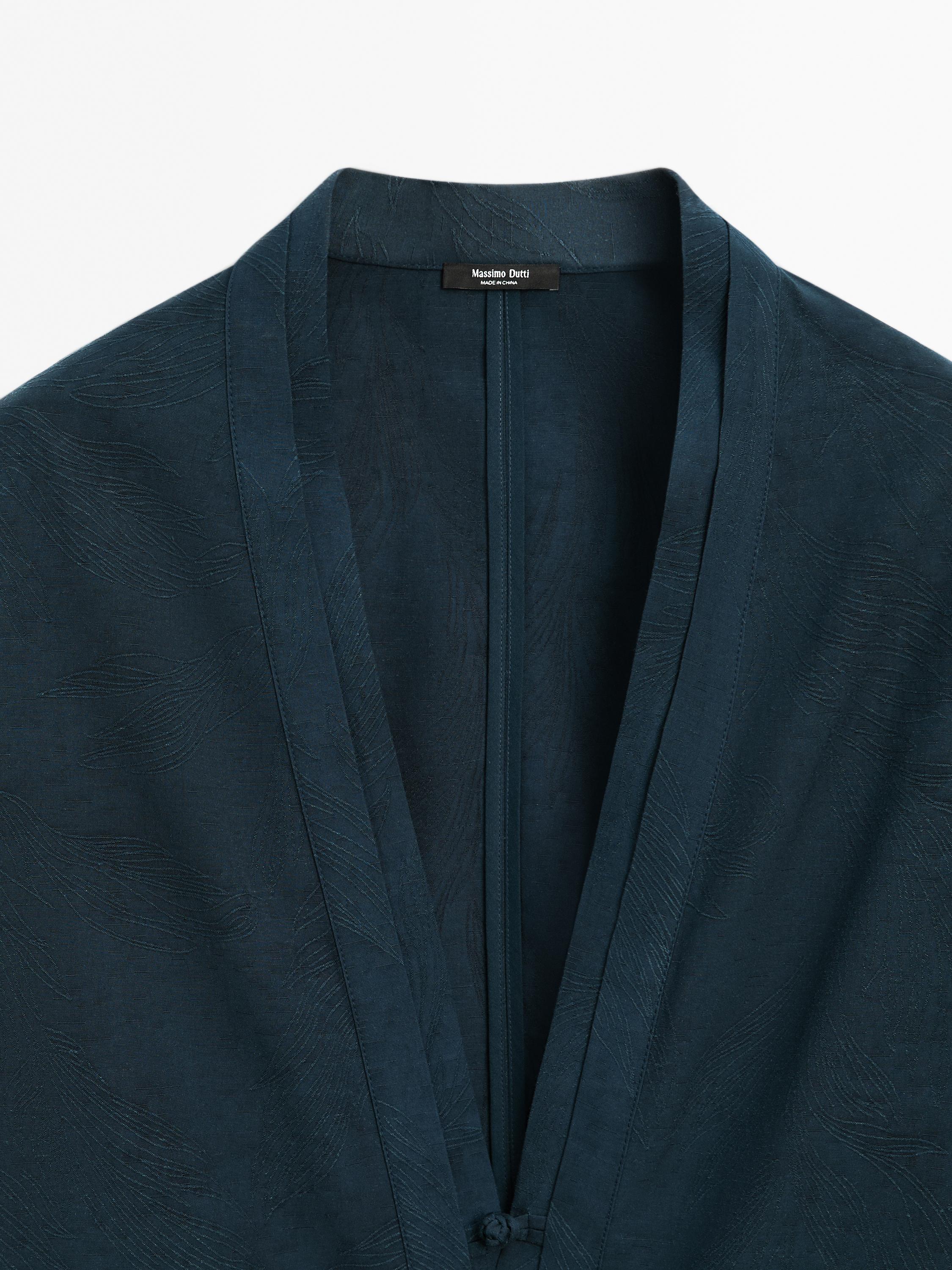 Flowing jacquard kimono with rhinestone button