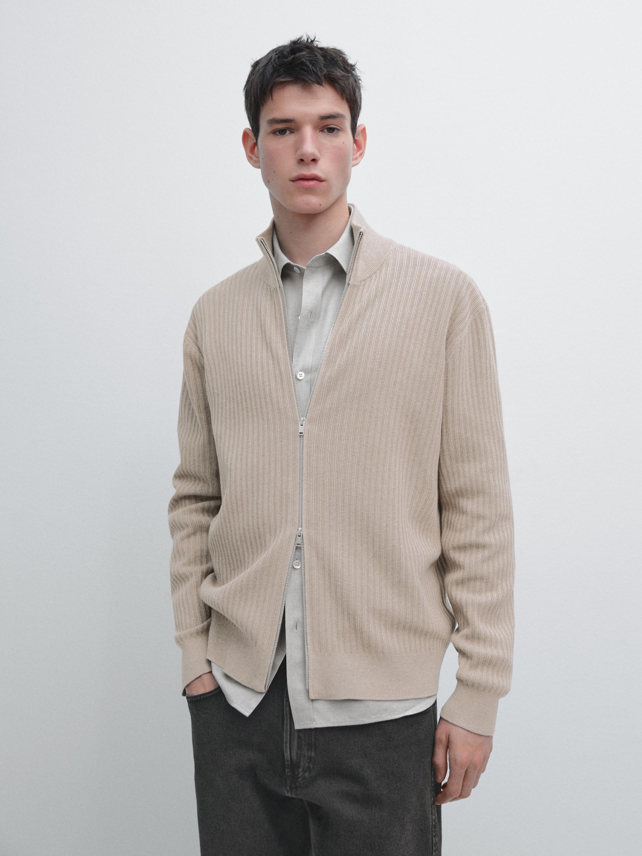 Cotton zip-up knit cardigan — MINK
