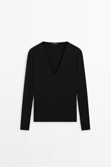 Long sleeve V-neck T-shirt — BLACK 2