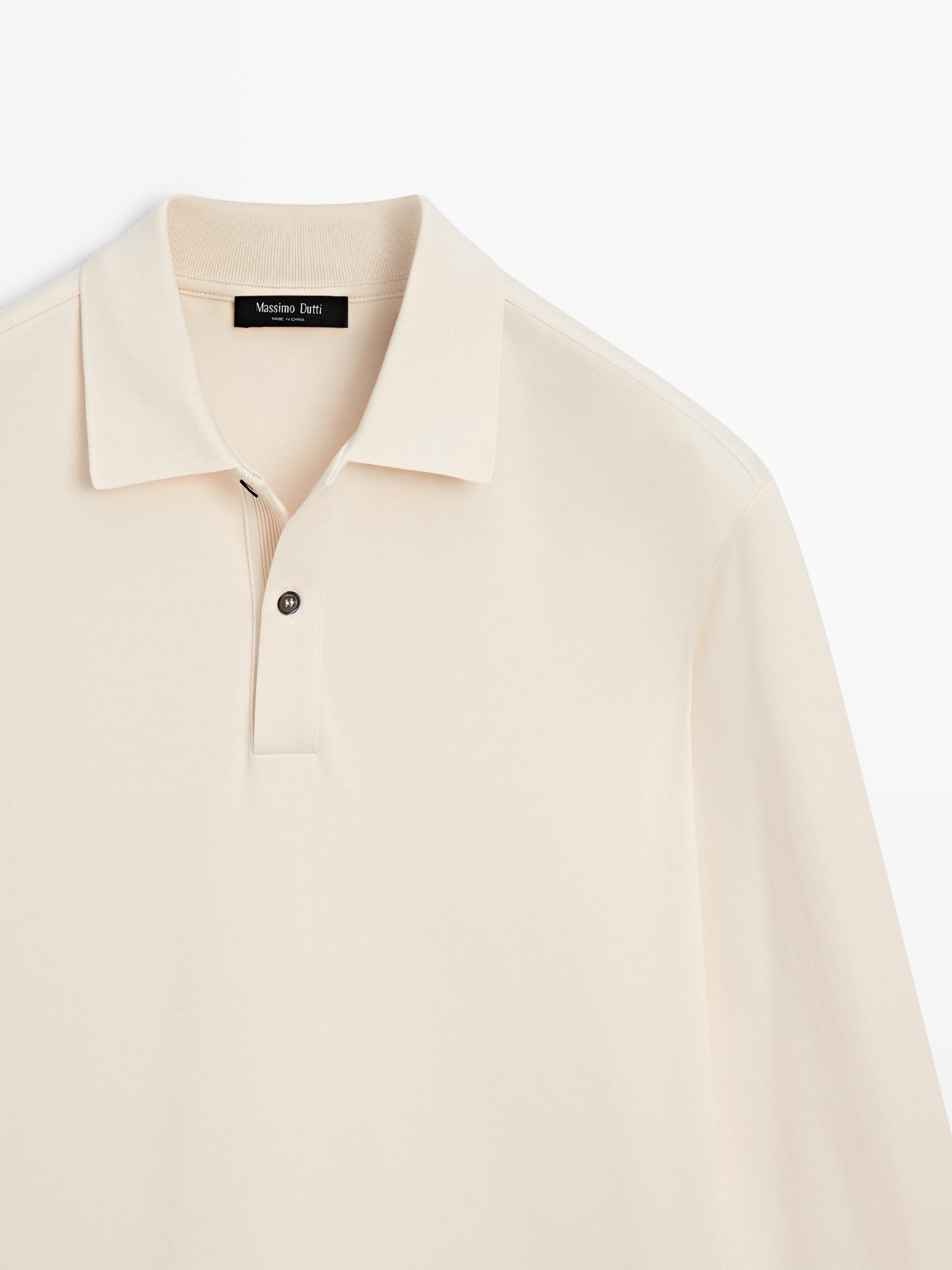 Long sleeve polo shirt with ribbed detail — CREAM
