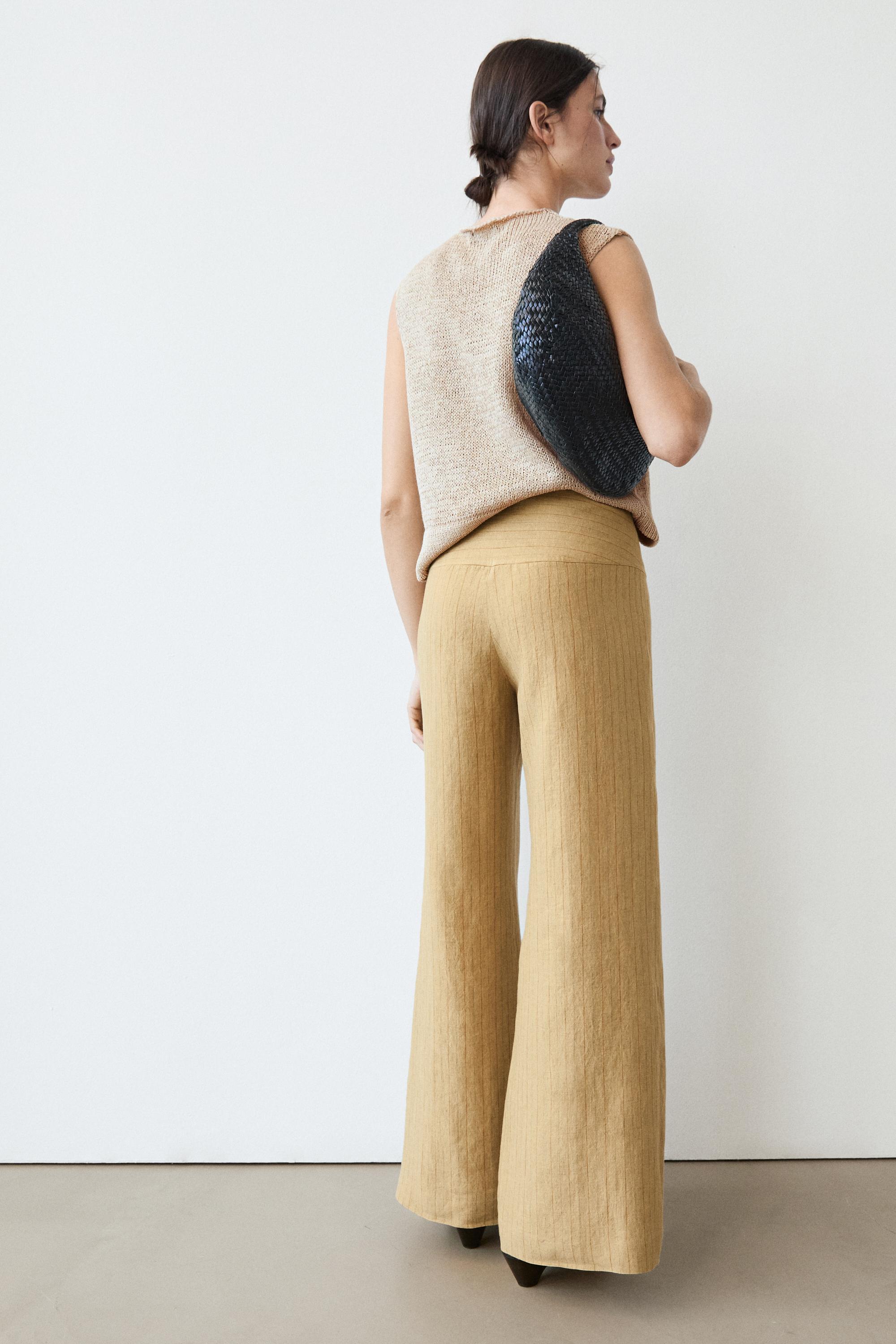 100% linen mid-waist flare pants — SAND
