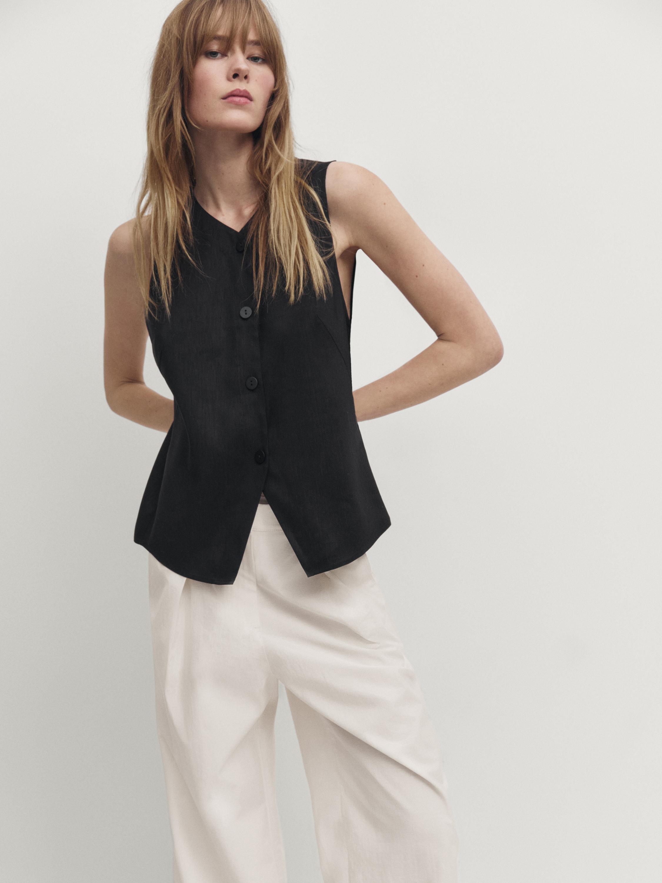 Buttoned stretch linen blend waistcoat