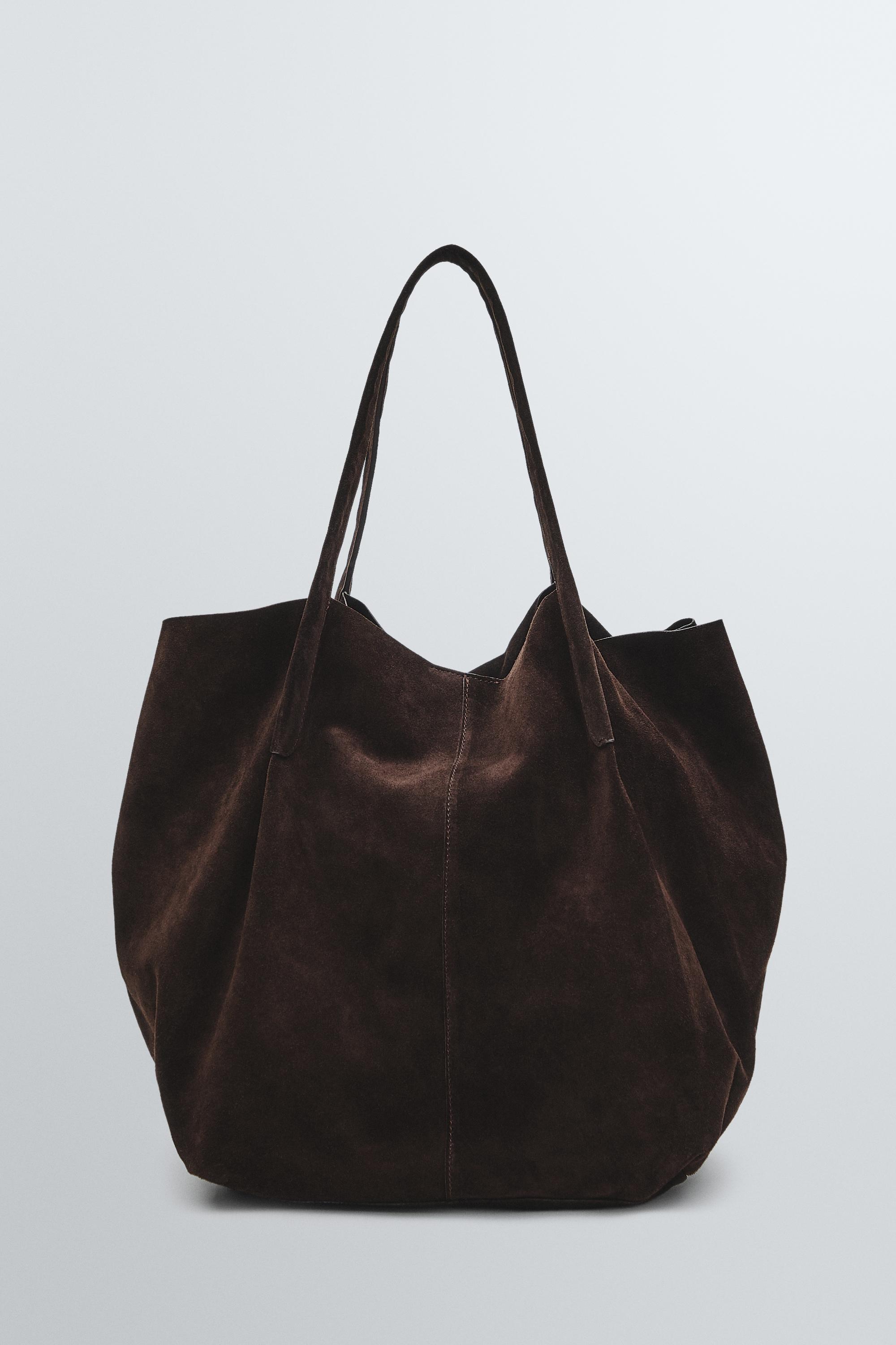 Split suede leather tote bag — Chocolate