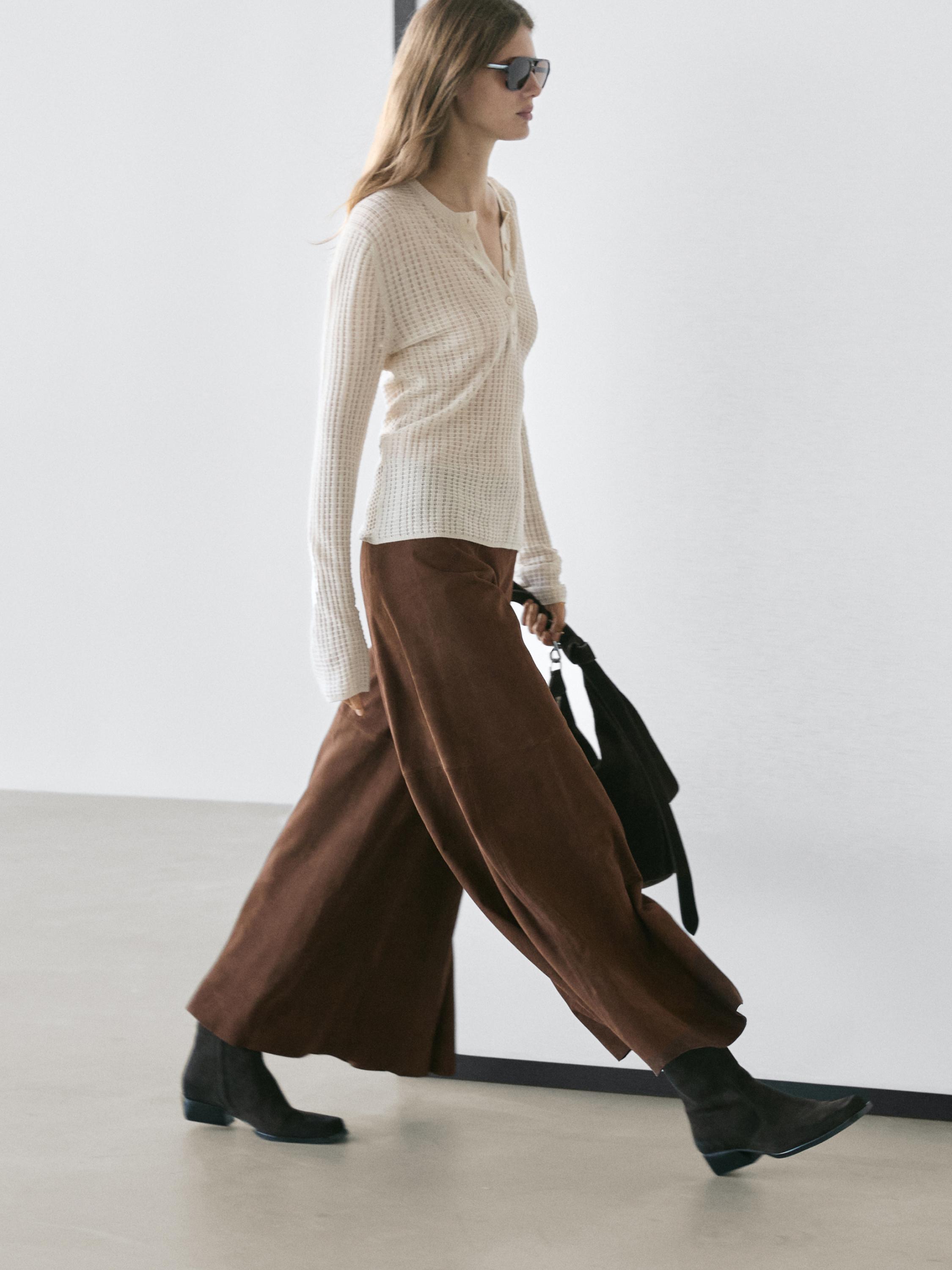 Suede leather flared trousers — BROWN