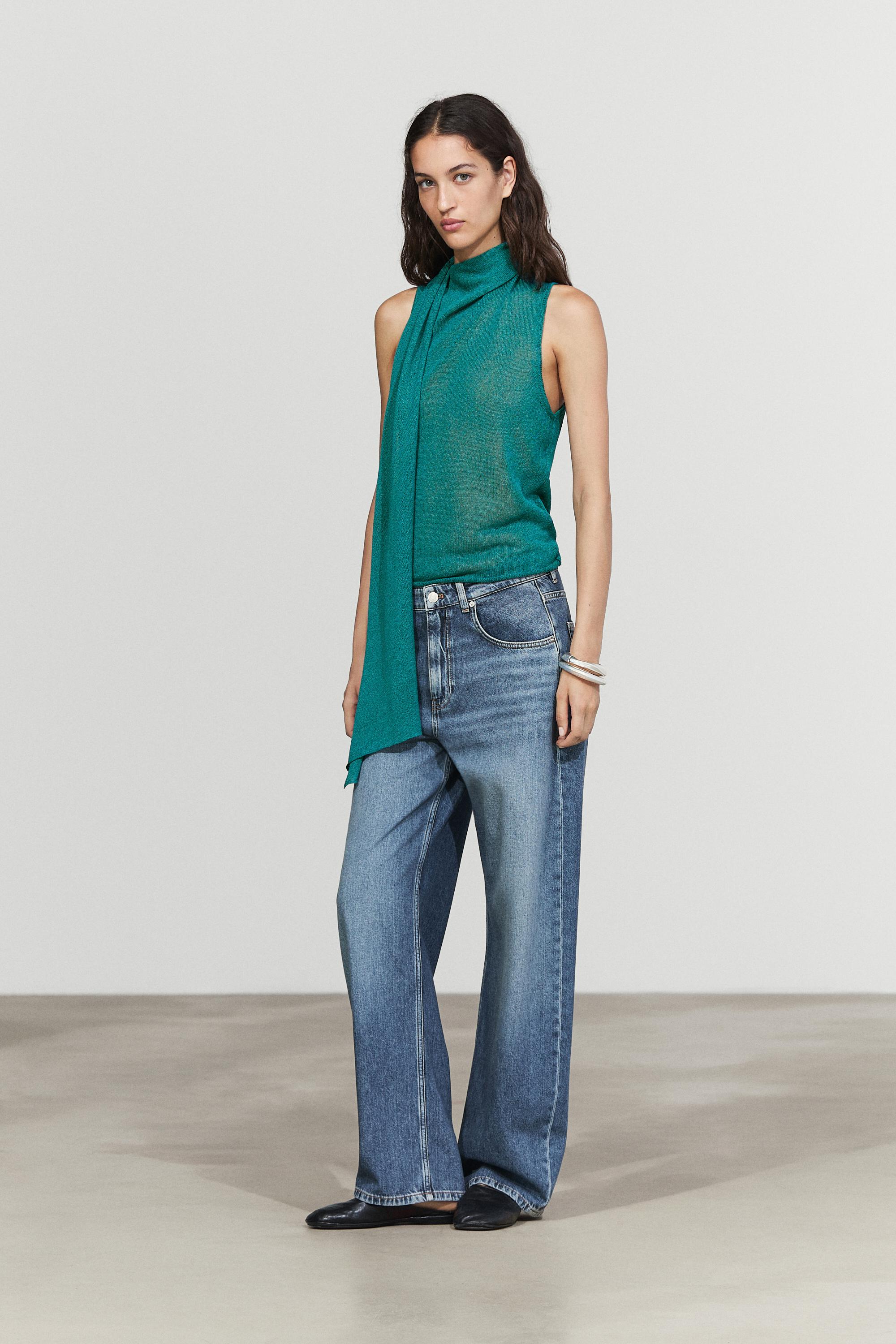 High neck top with scarf detail — TURQUOISE