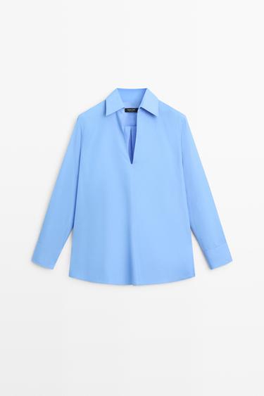 Cotton poplin blouse with V-neck — INDIGO 2