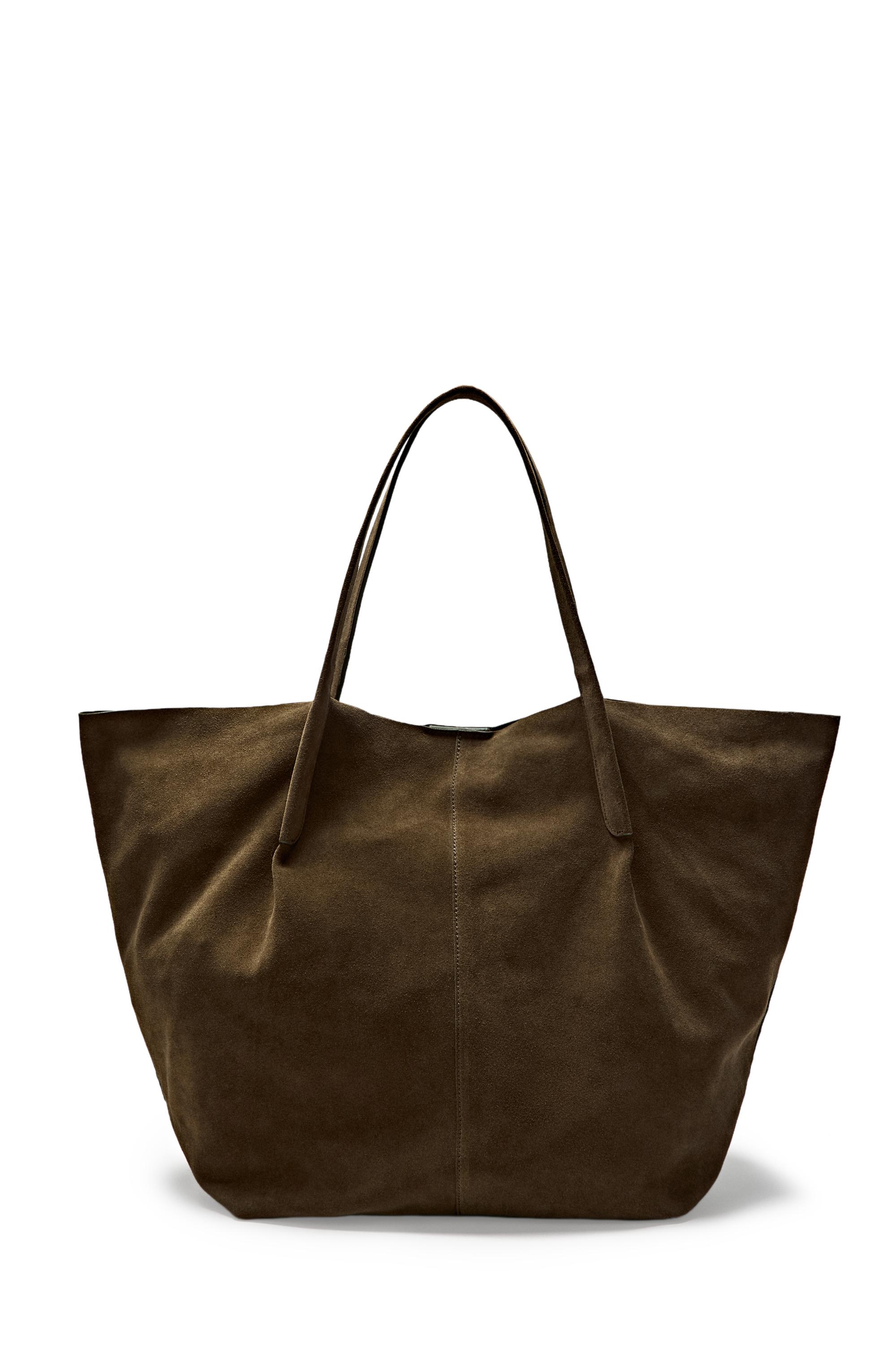 Split suede leather tote bag — KHAKI