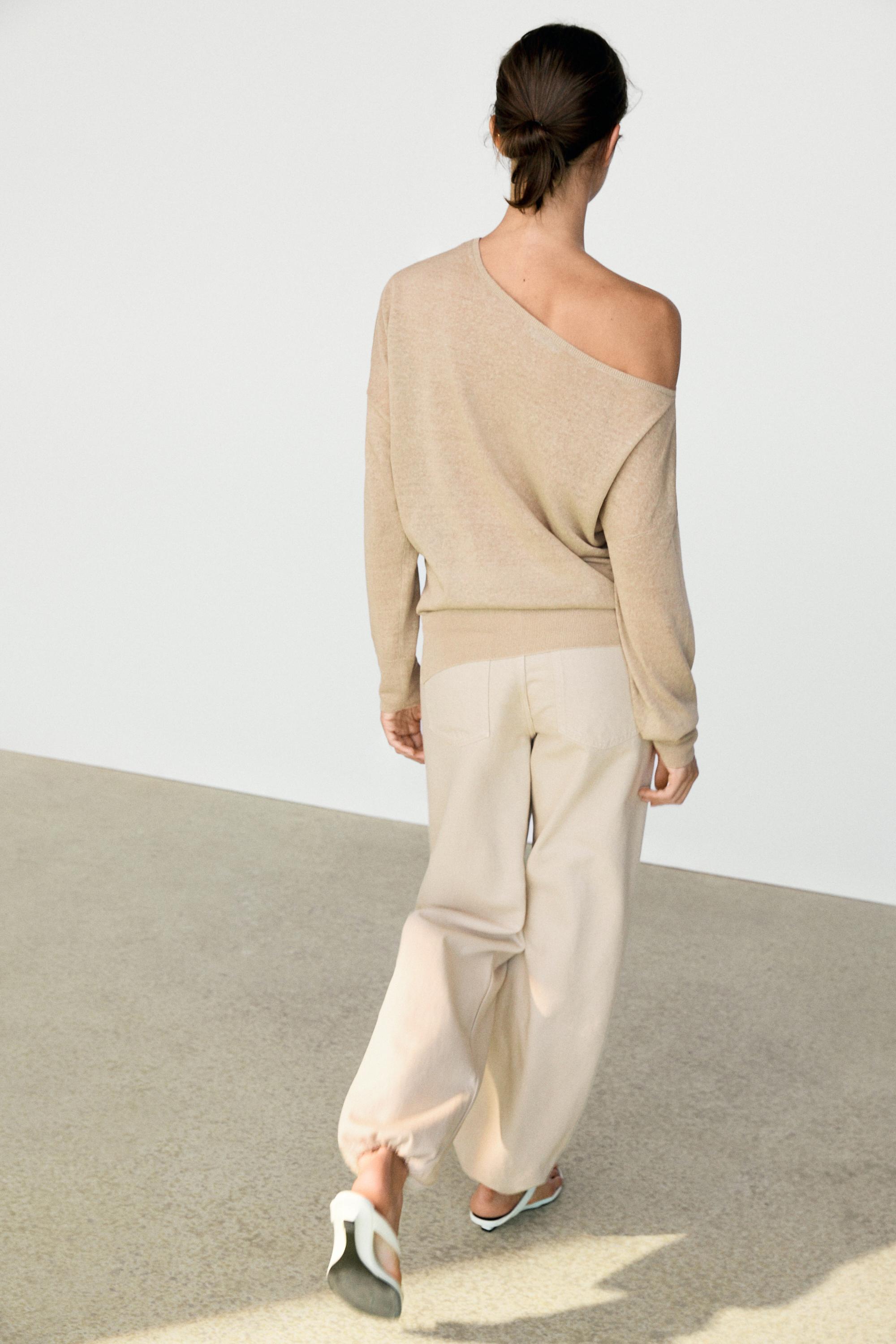 Flowing 100% linen off-the-shoulder sweater — TAUPE GREY
