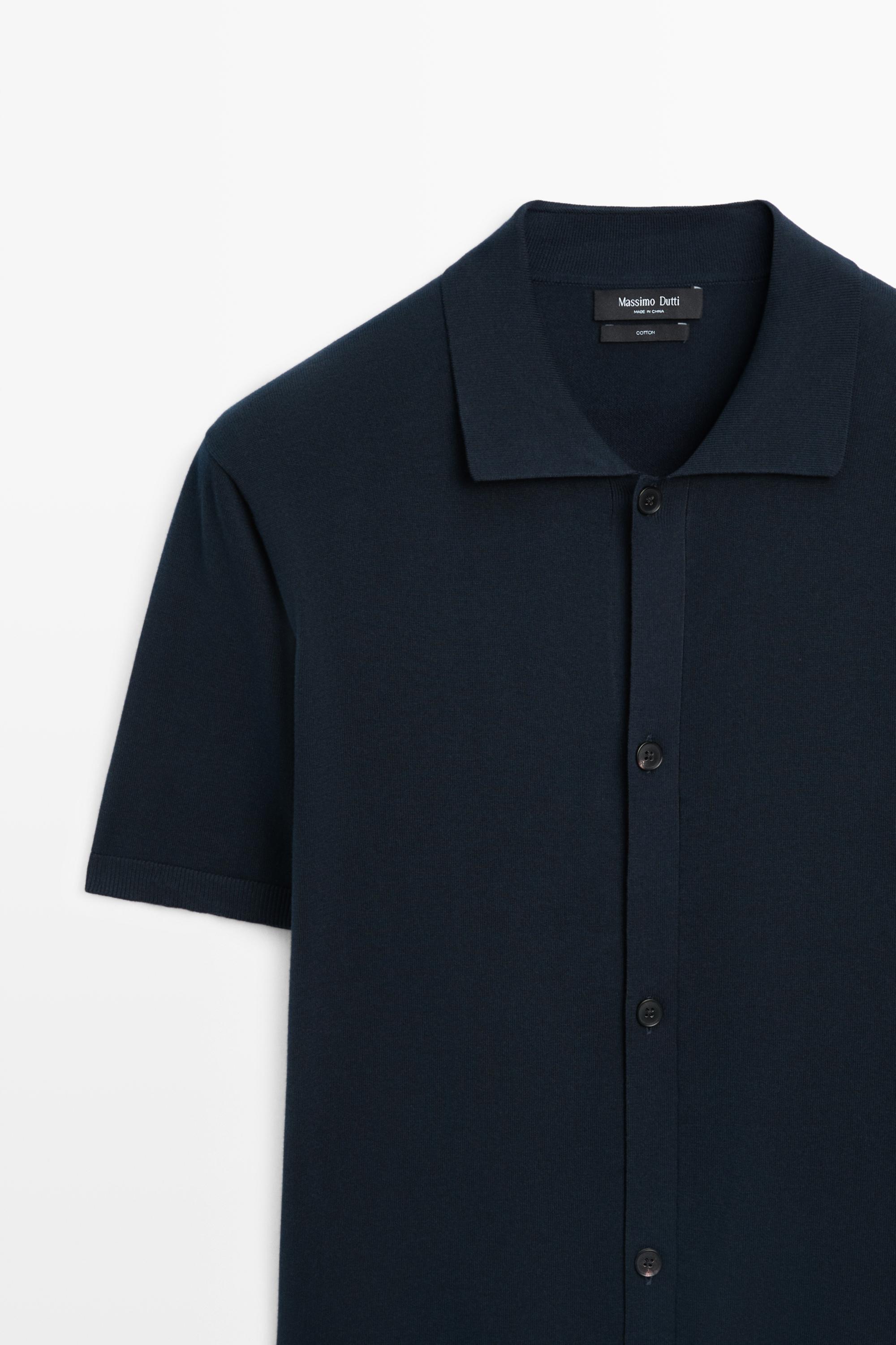 Short sleeve button-up knit cardigan — NAVY BLUE
