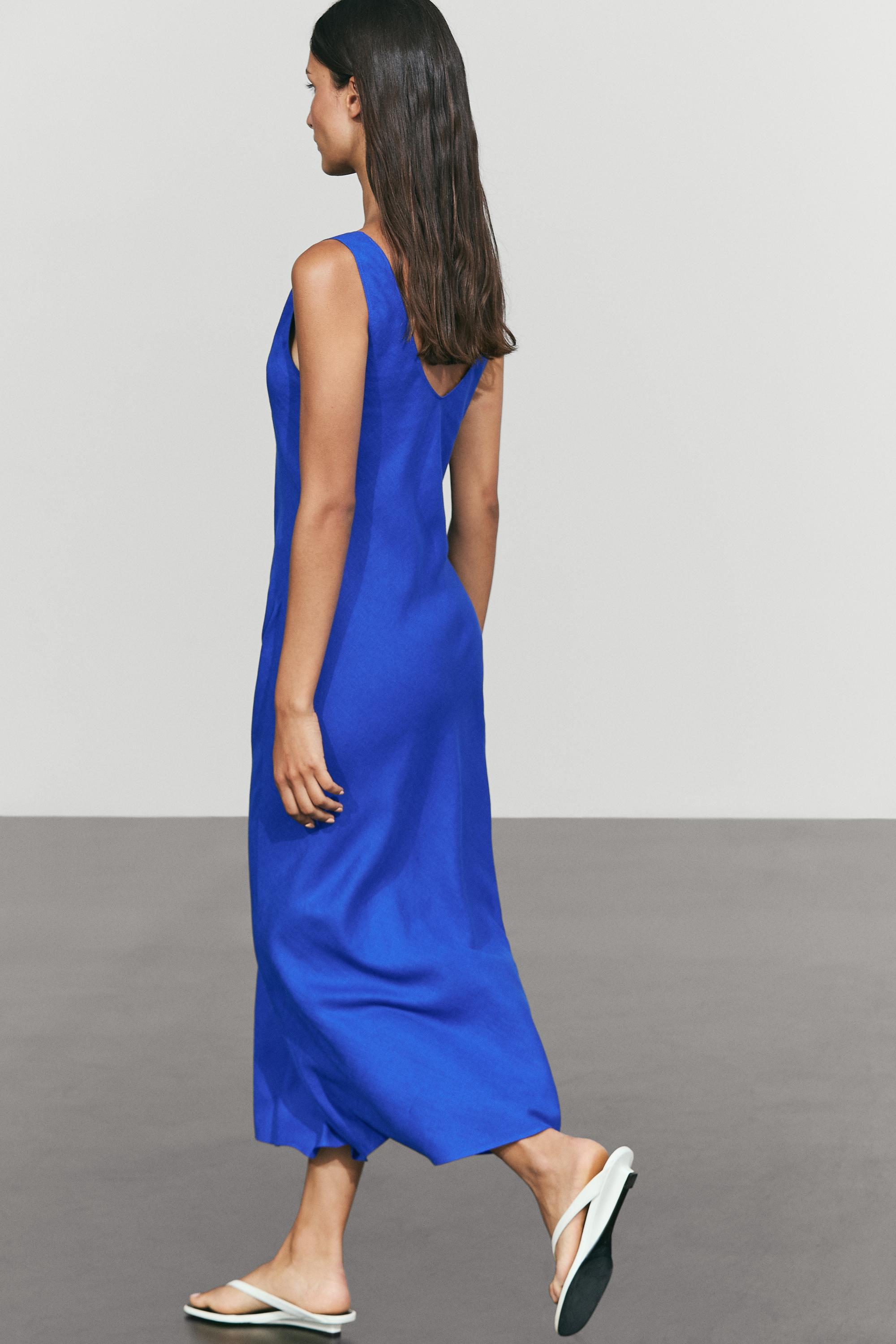 100% linen strap midi dress — Electric blue