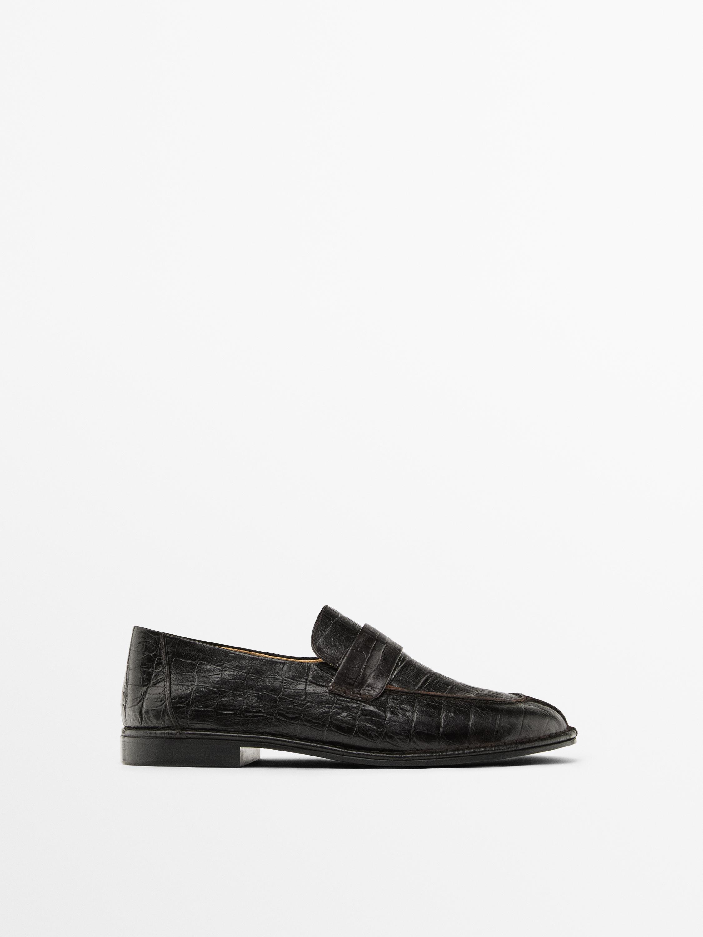 Mock croc embossed loafers — BROWN