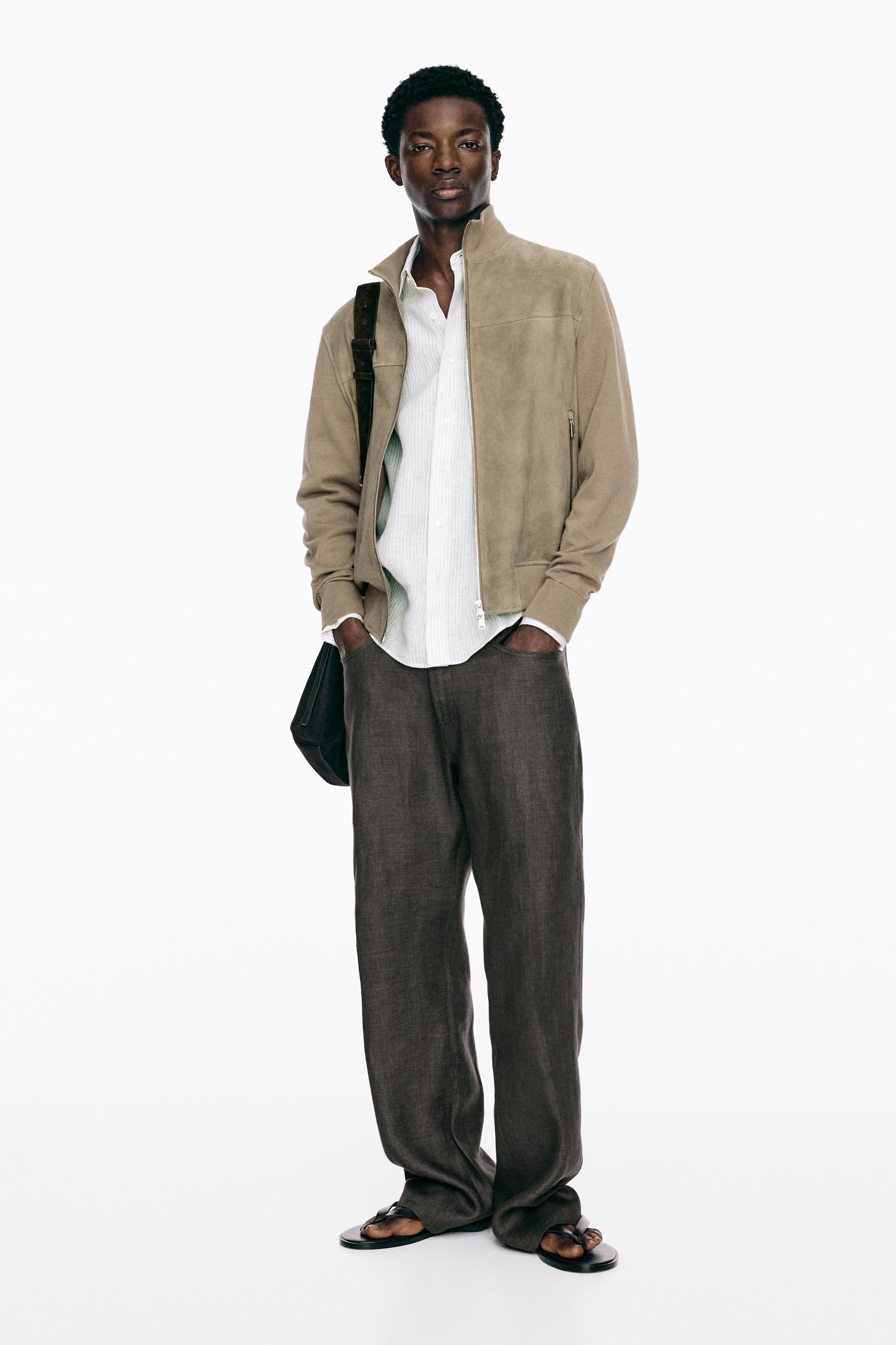 Contrast knit and suede leather jacket — PALE KHAKI