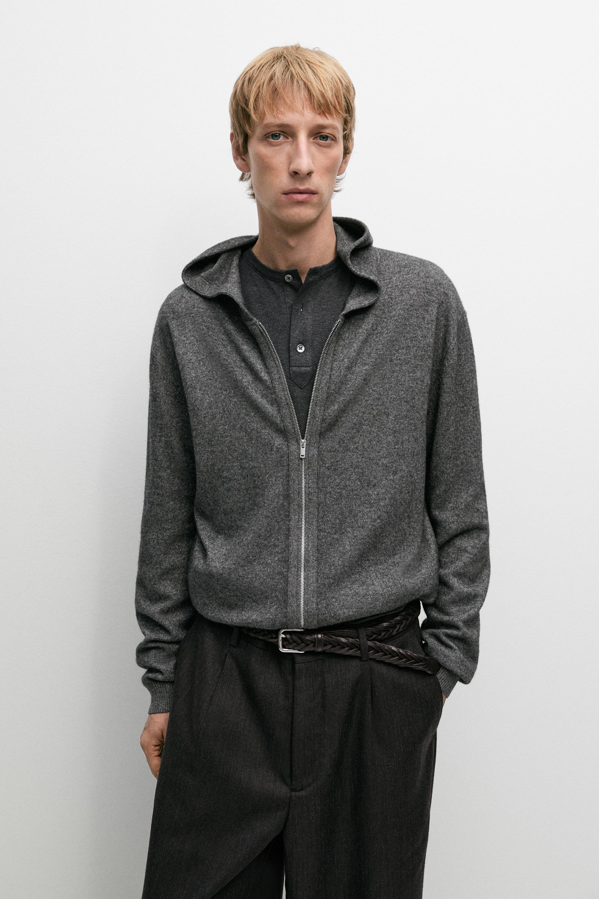 Wool-blend knit hooded cardigan
