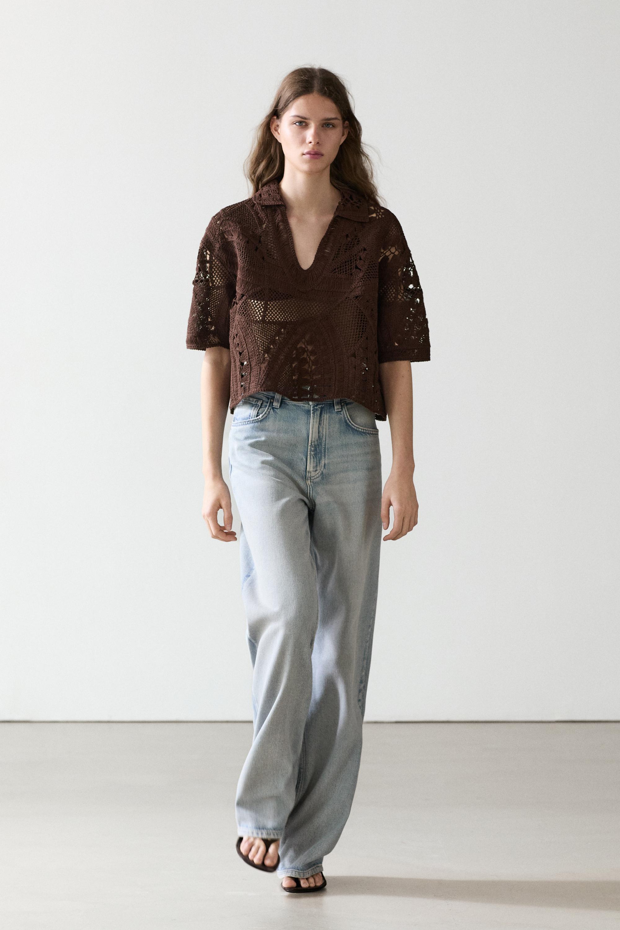 Cotton blend crochet polo T-shirt — BROWN