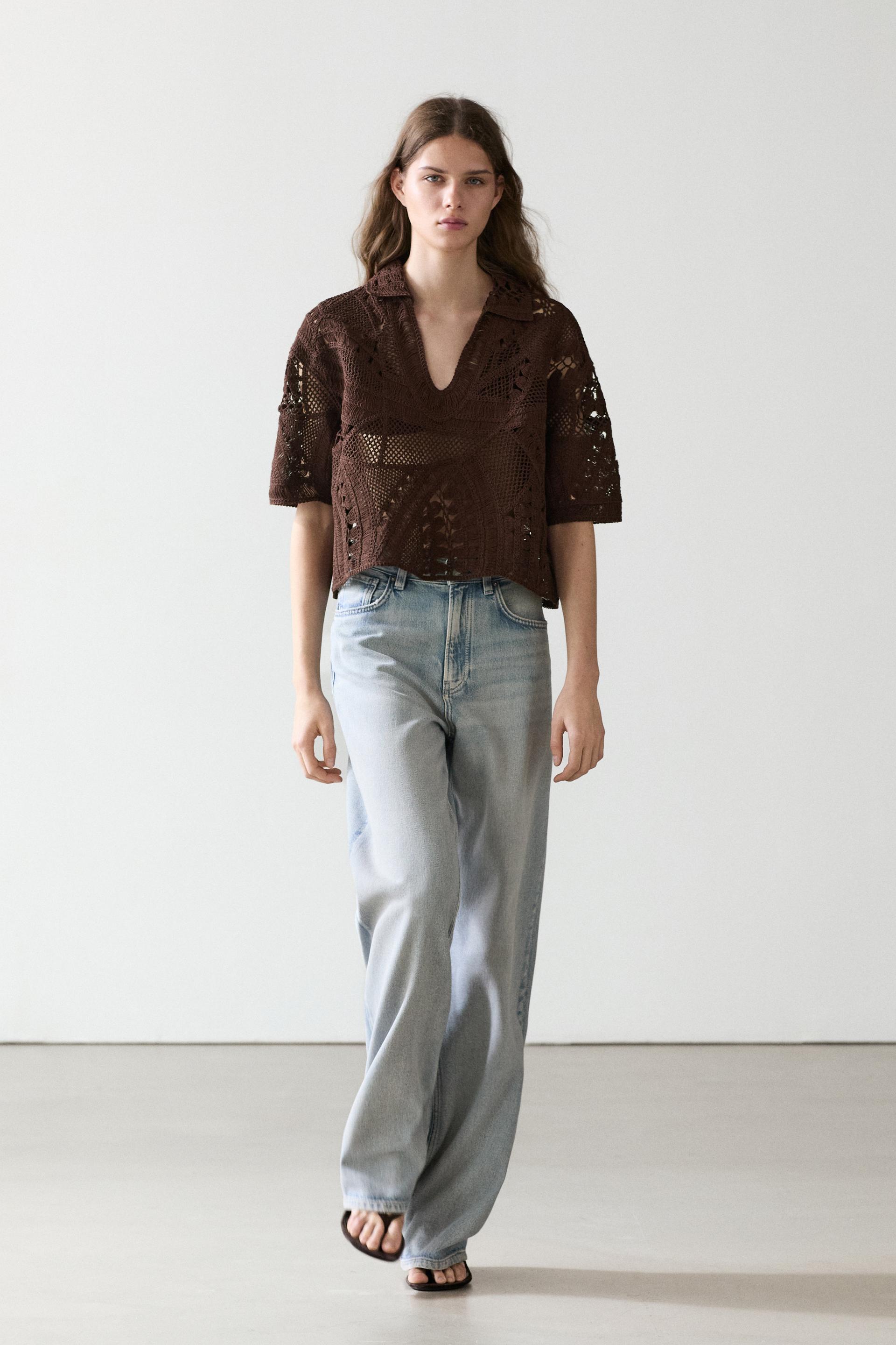 T-Shirt Polo En Crochet De Coton Mélangé - Marron - S - Massimo Dutti - Femme