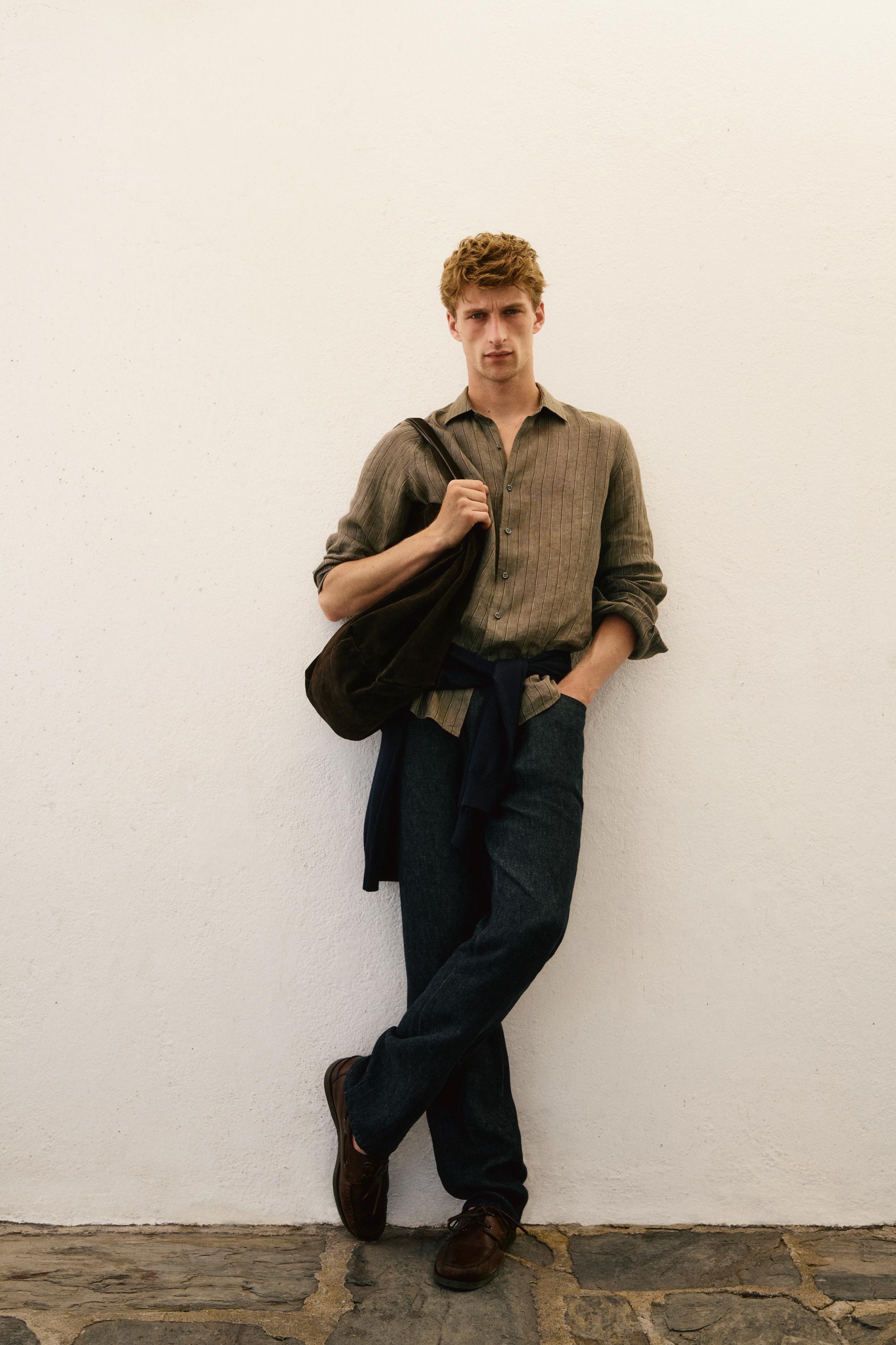 100% linen regular fit striped shirt — DARK GREEN