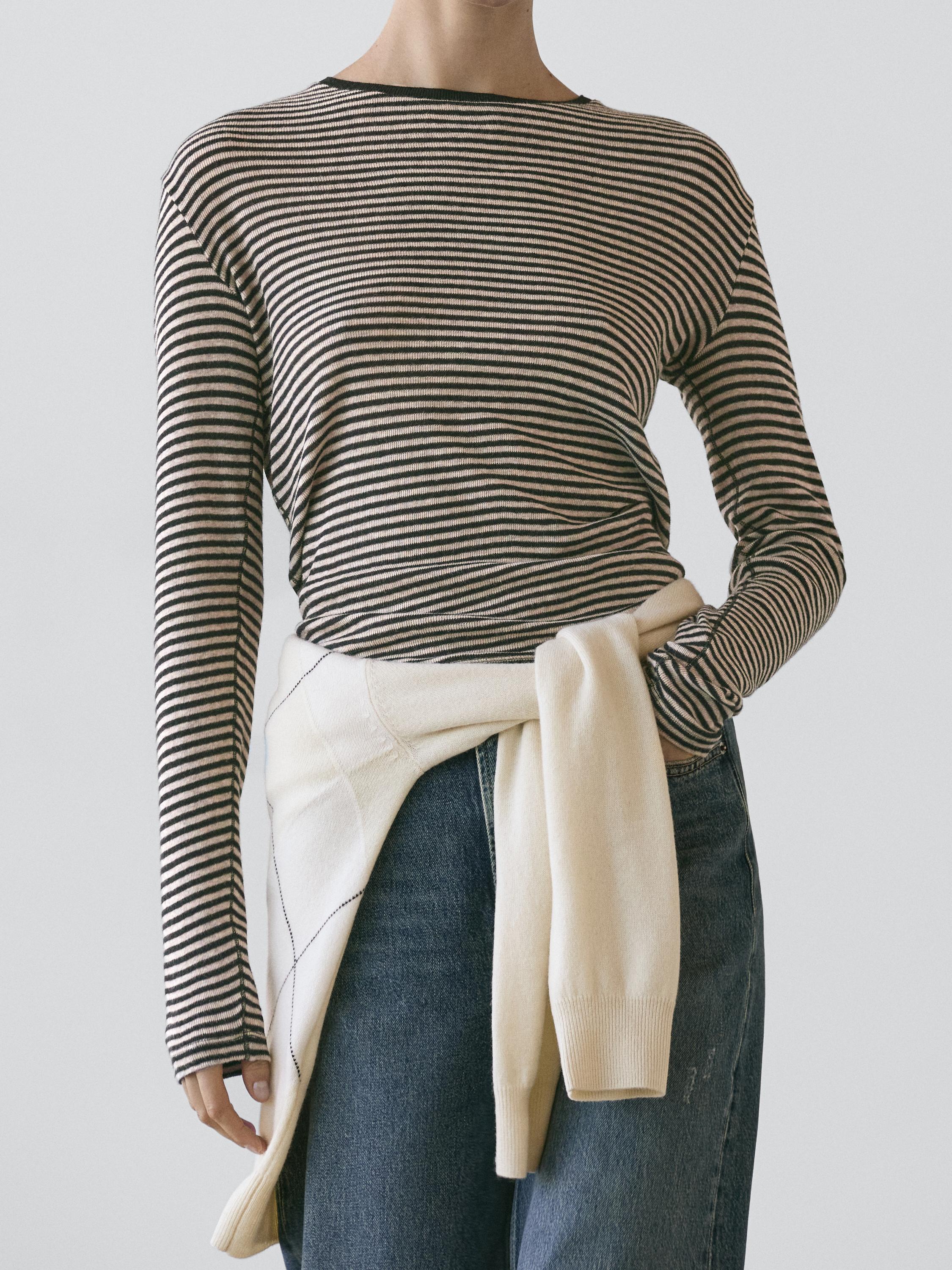 Cotton blend striped long sleeve T-shirt