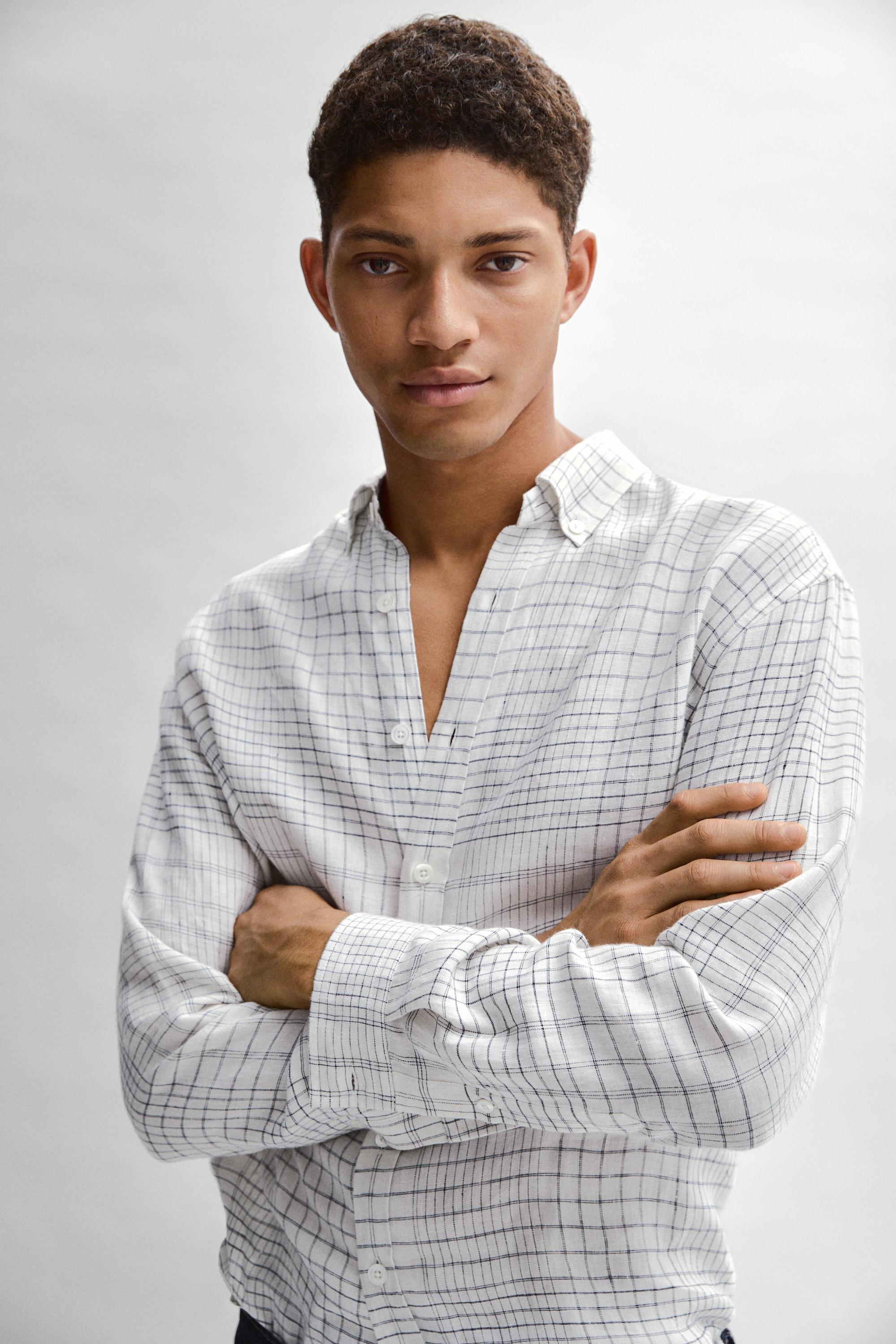 100% linen regular fit check shirt — WHITE