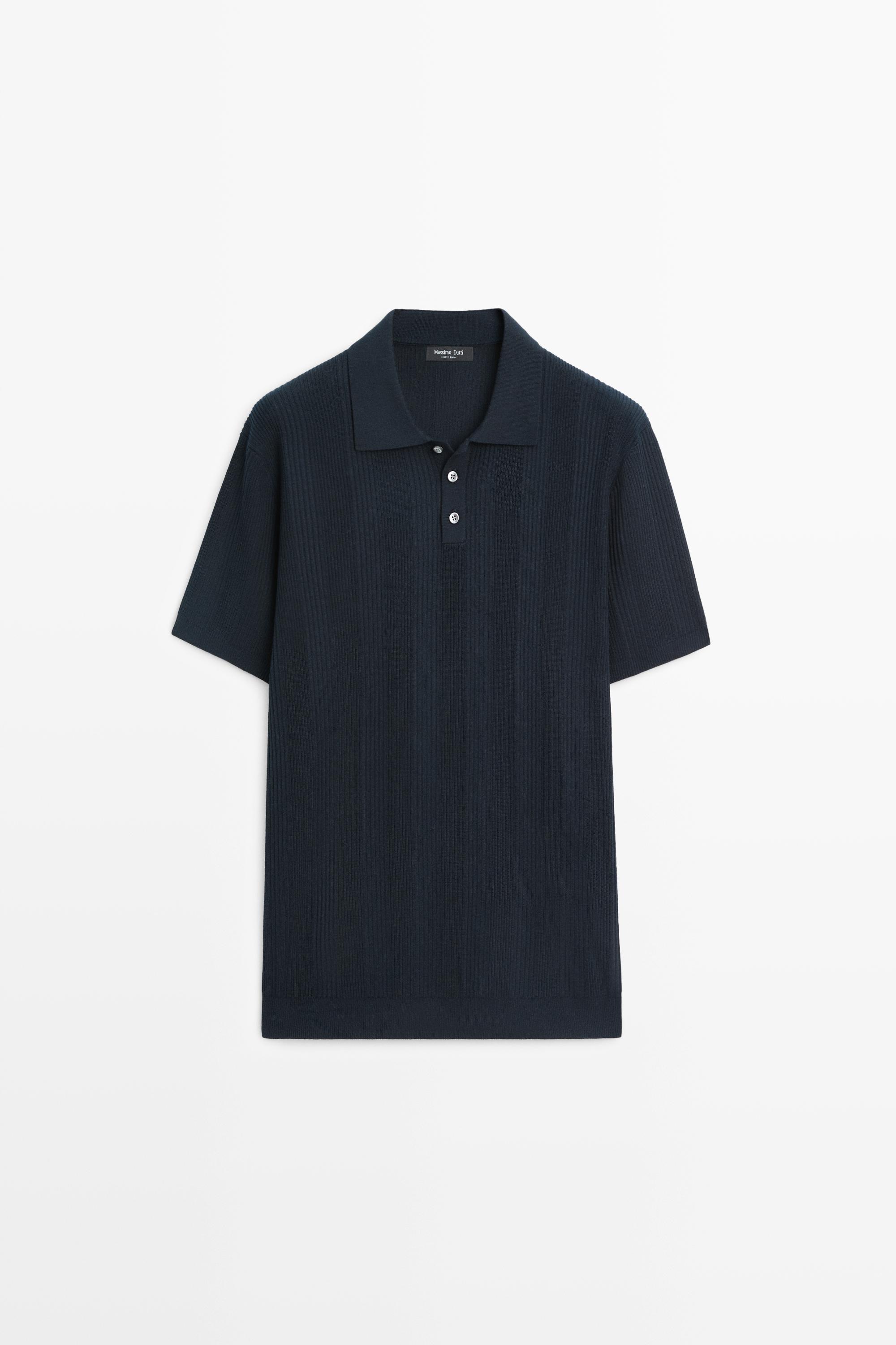 100% cotton textured striped knit polo shirt — NAVY BLUE