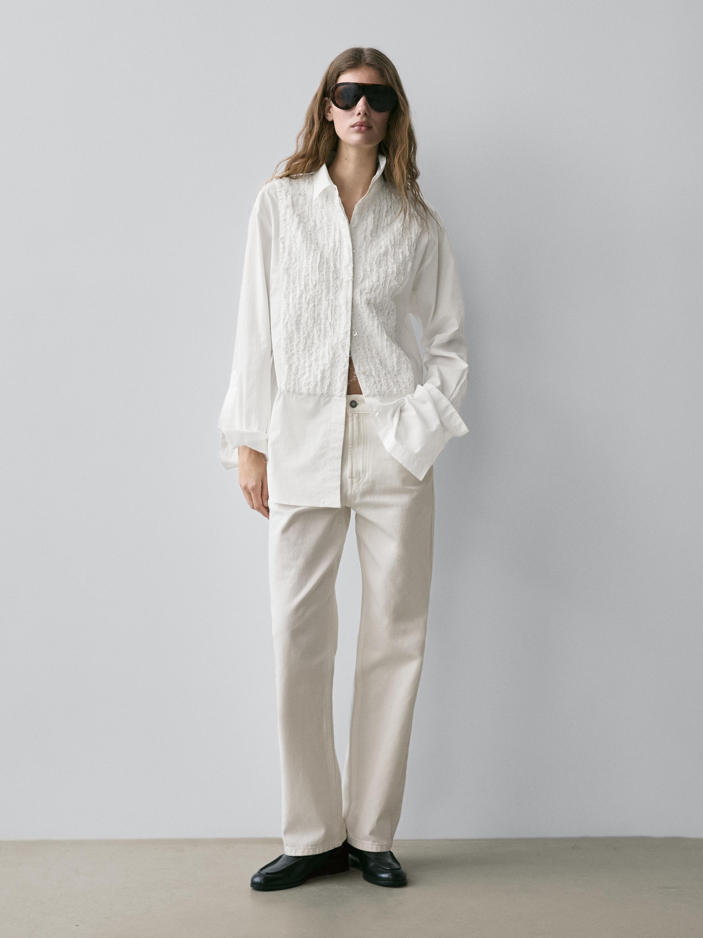 Bib front shirt with embroidered detail — WHITE