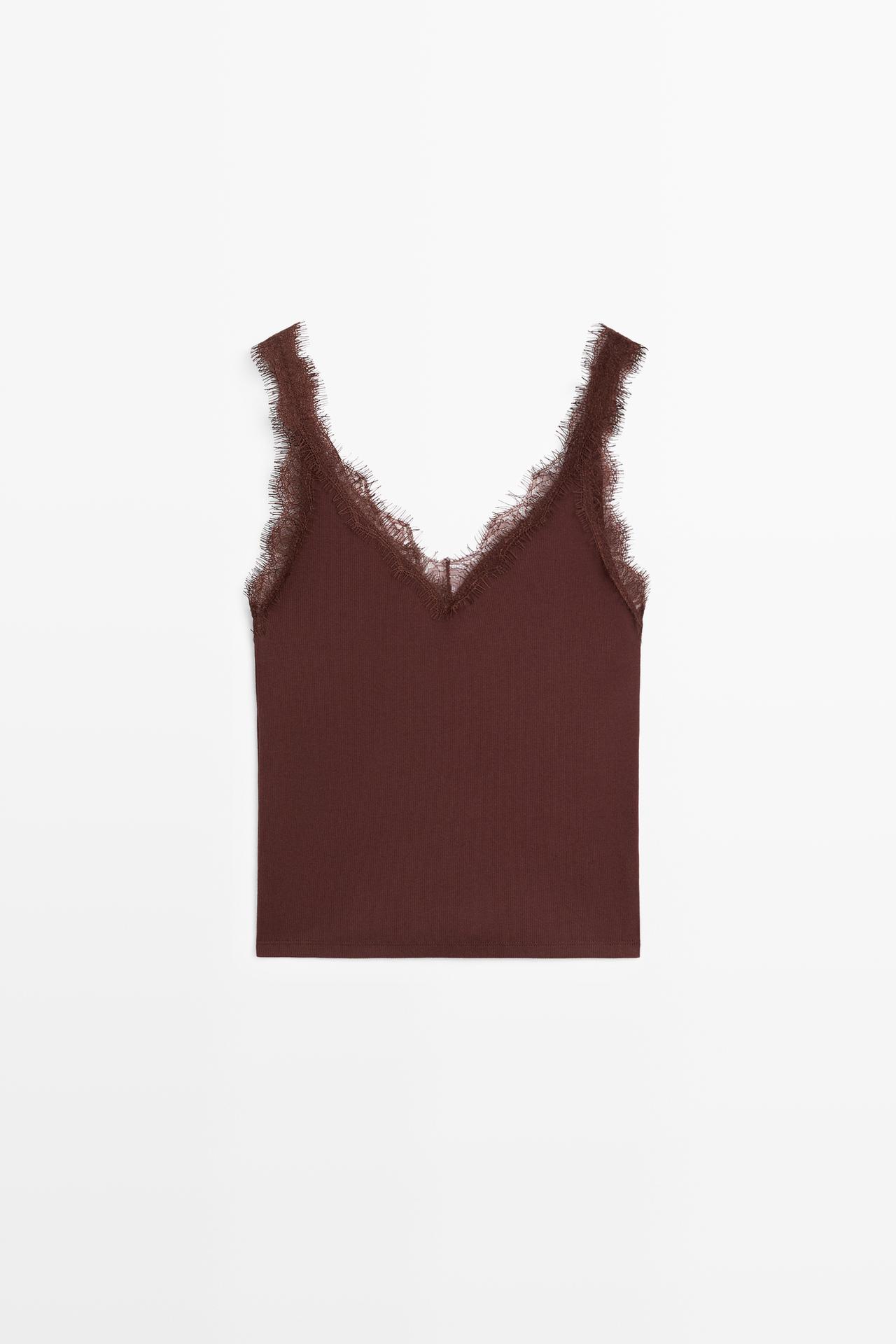 Strappy lace-trim top — BROWN