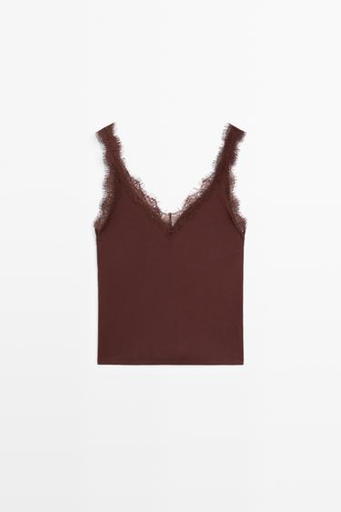 Strappy lace-trim top — BROWN 2