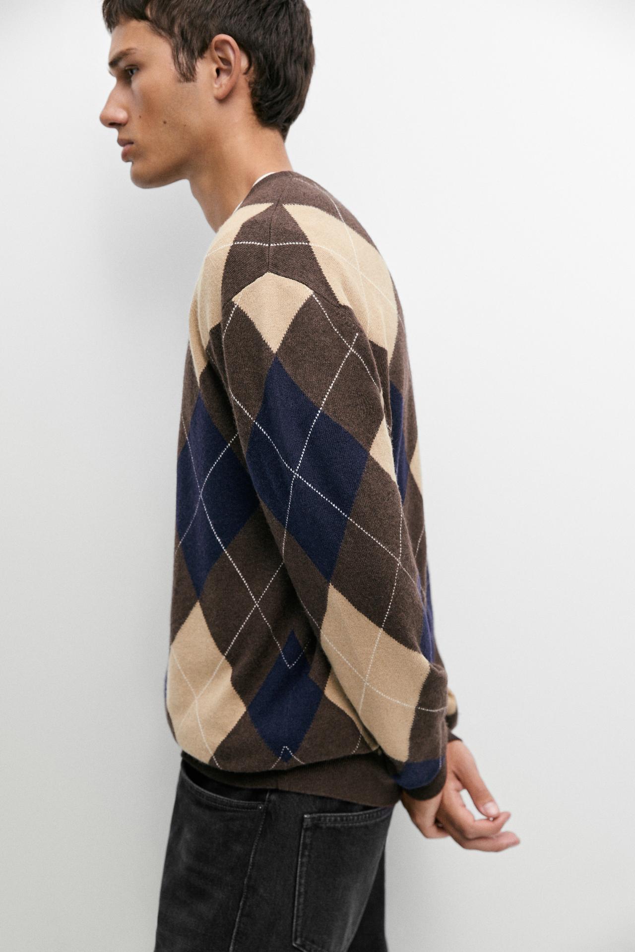 Wool-blend Argyle knit sweater — BROWN MARL