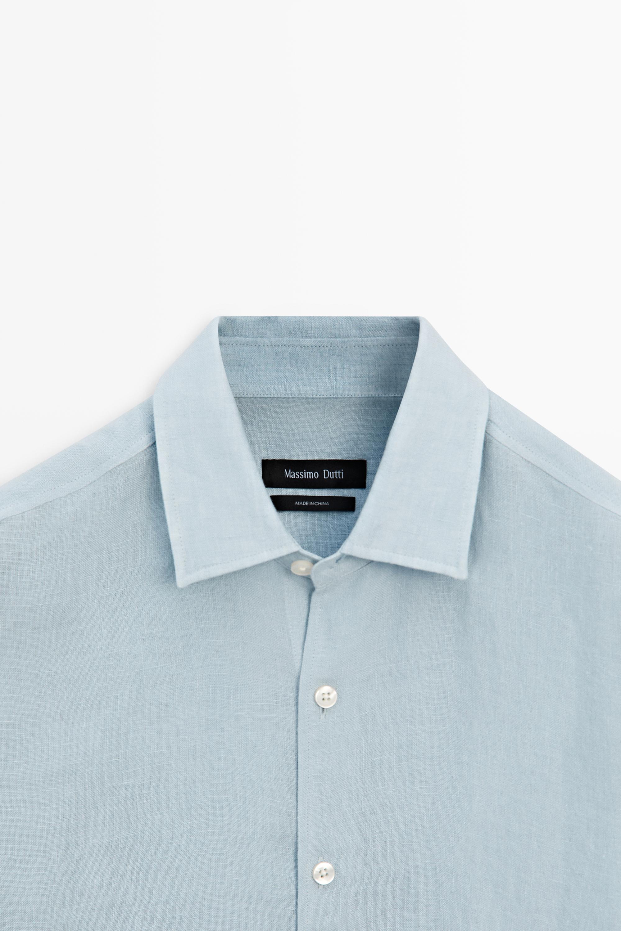 Textured 100% linen regular fit shirt — BLUE