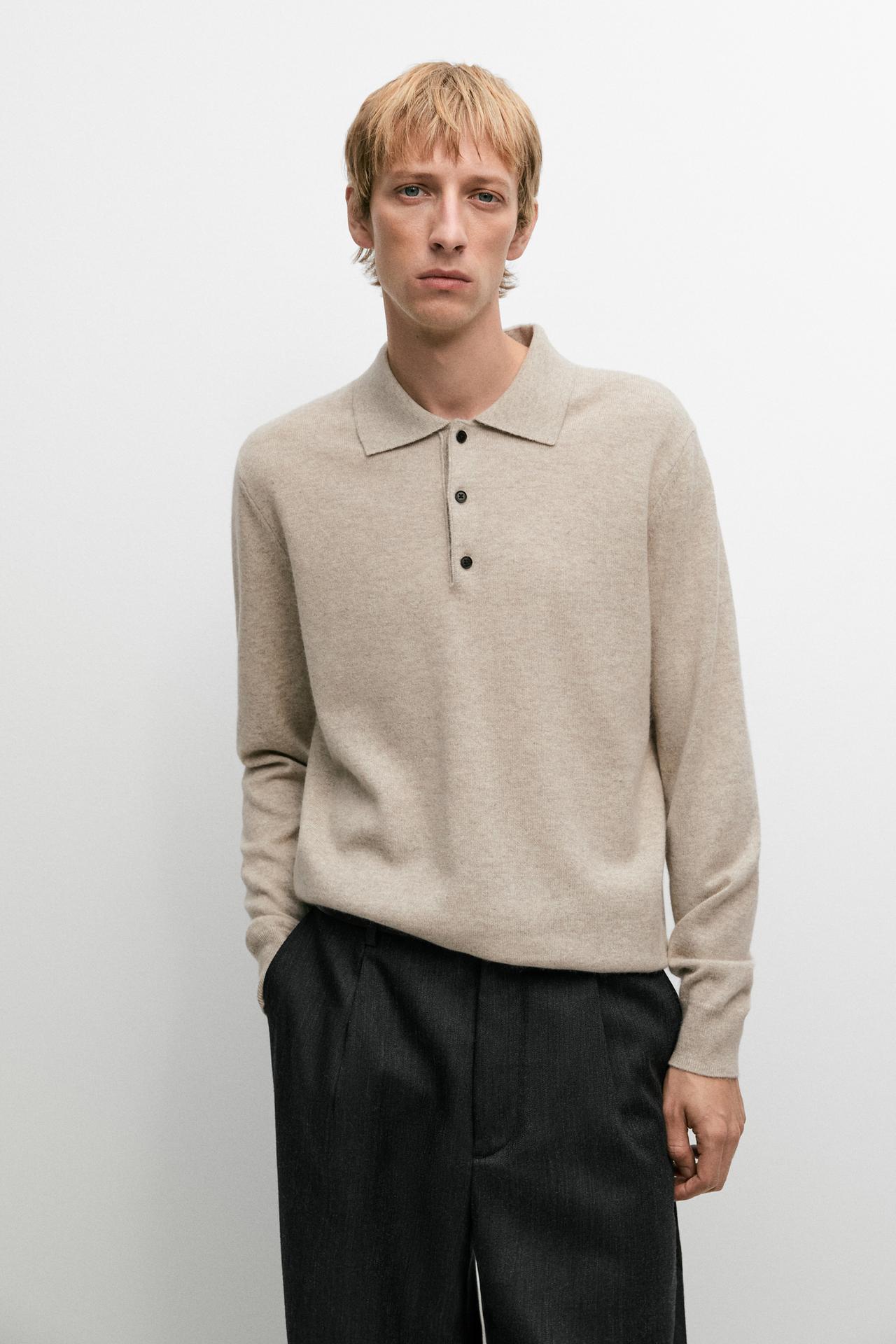100% cashmere knit polo sweater — SAND BROWN