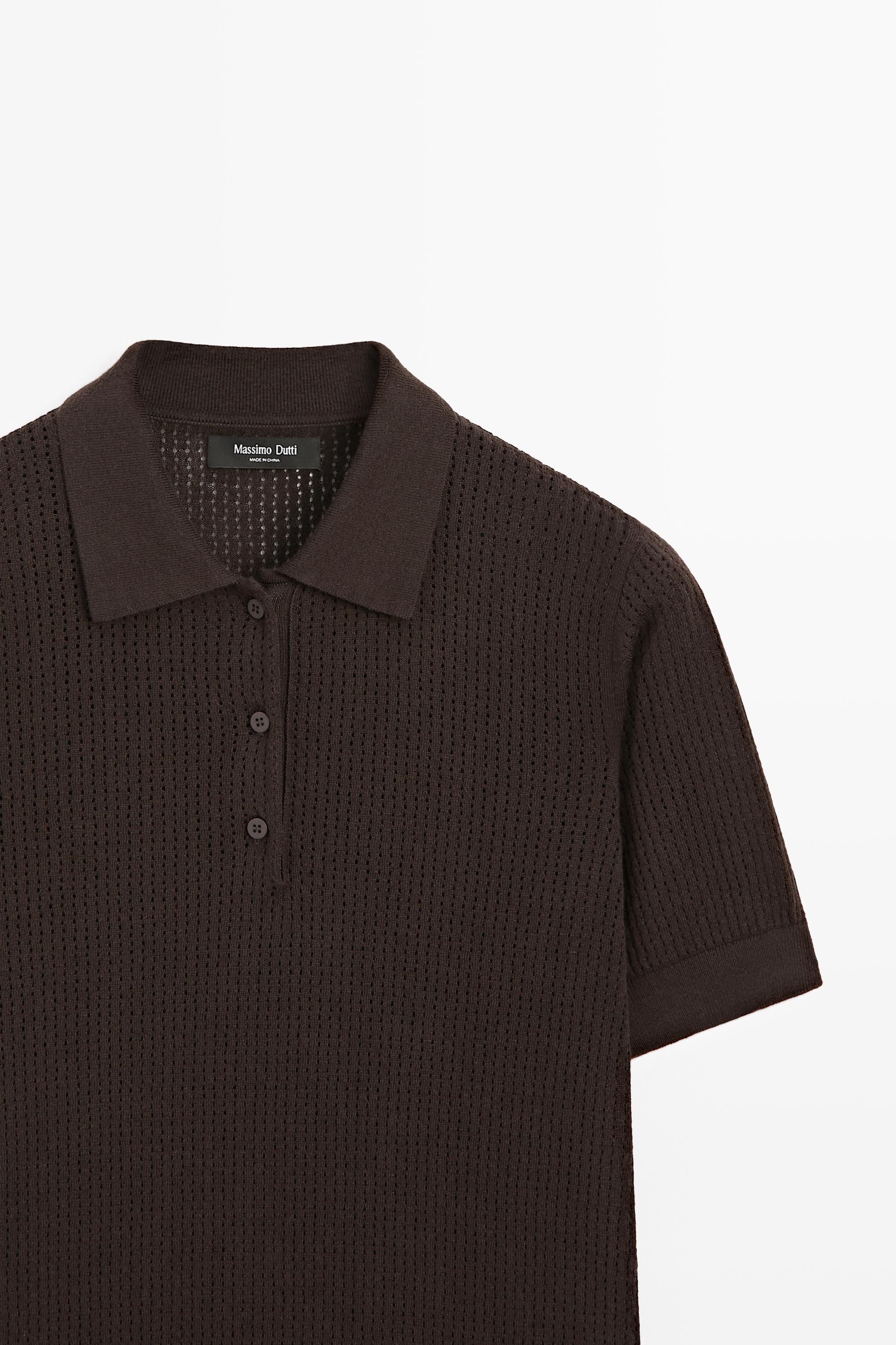 Cotton blend open-knit polo shirt — BROWN