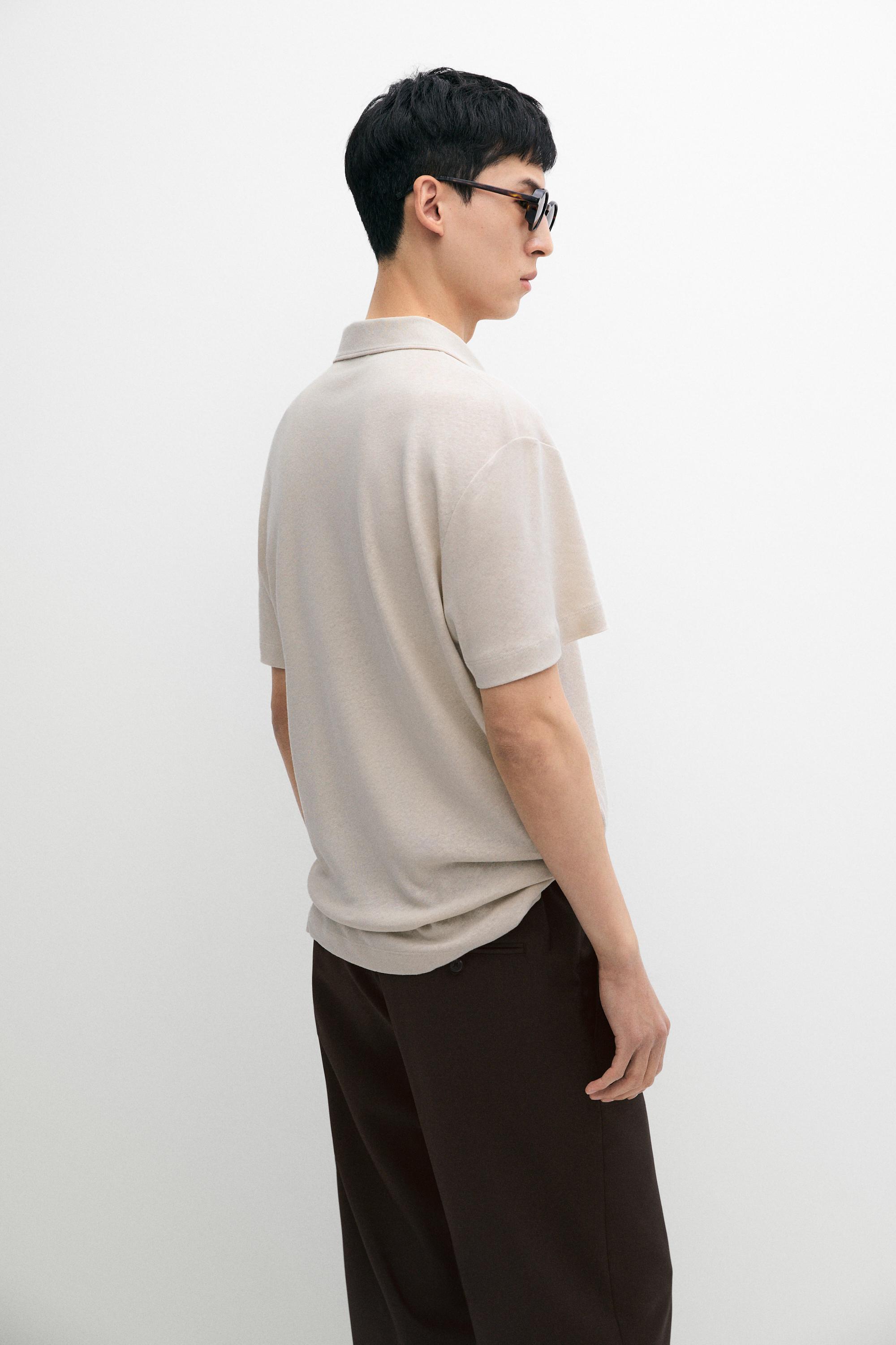 Short sleeve linen cotton polo shirt — BROWN