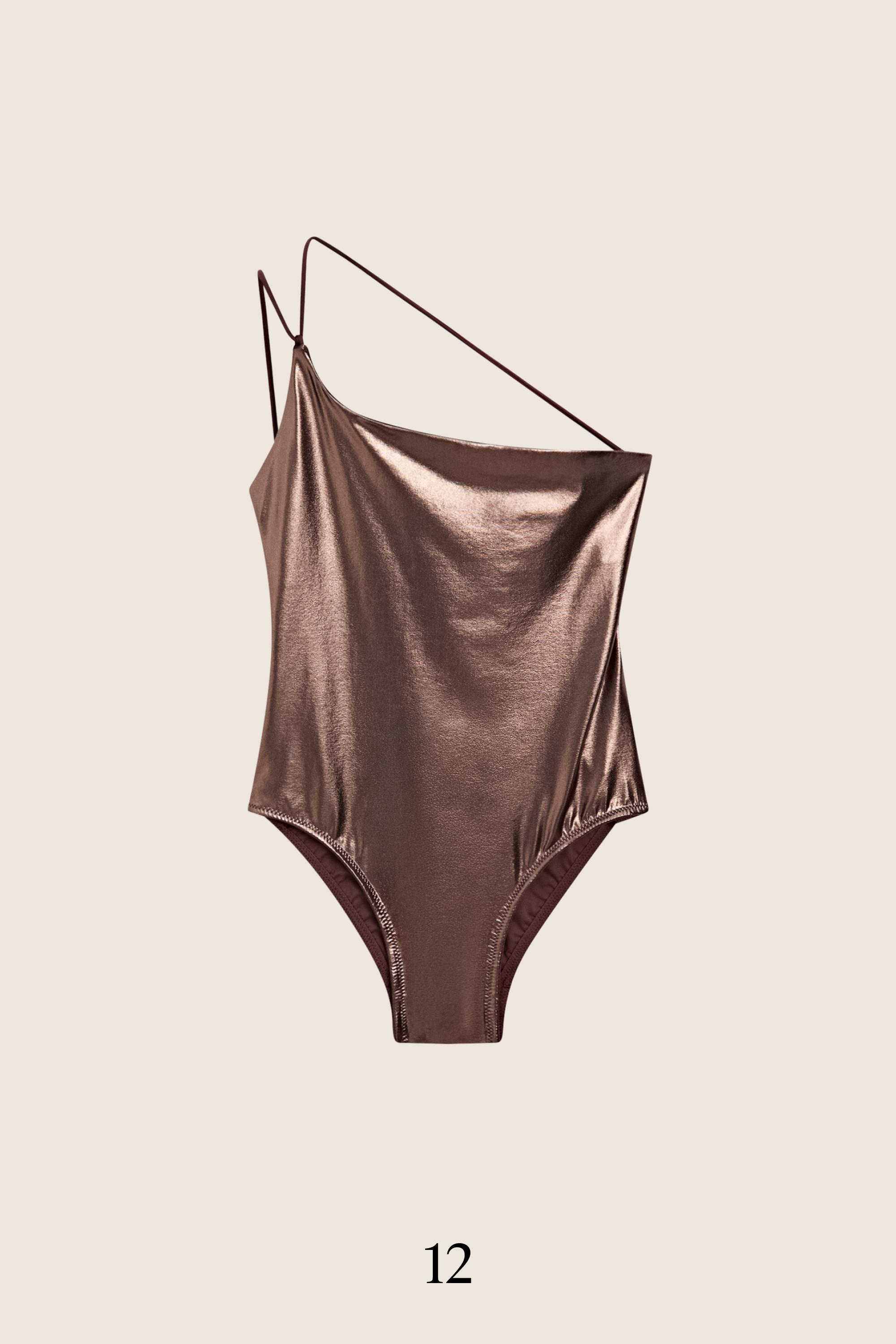 Swimsuit with asymmetric strap — BROWN