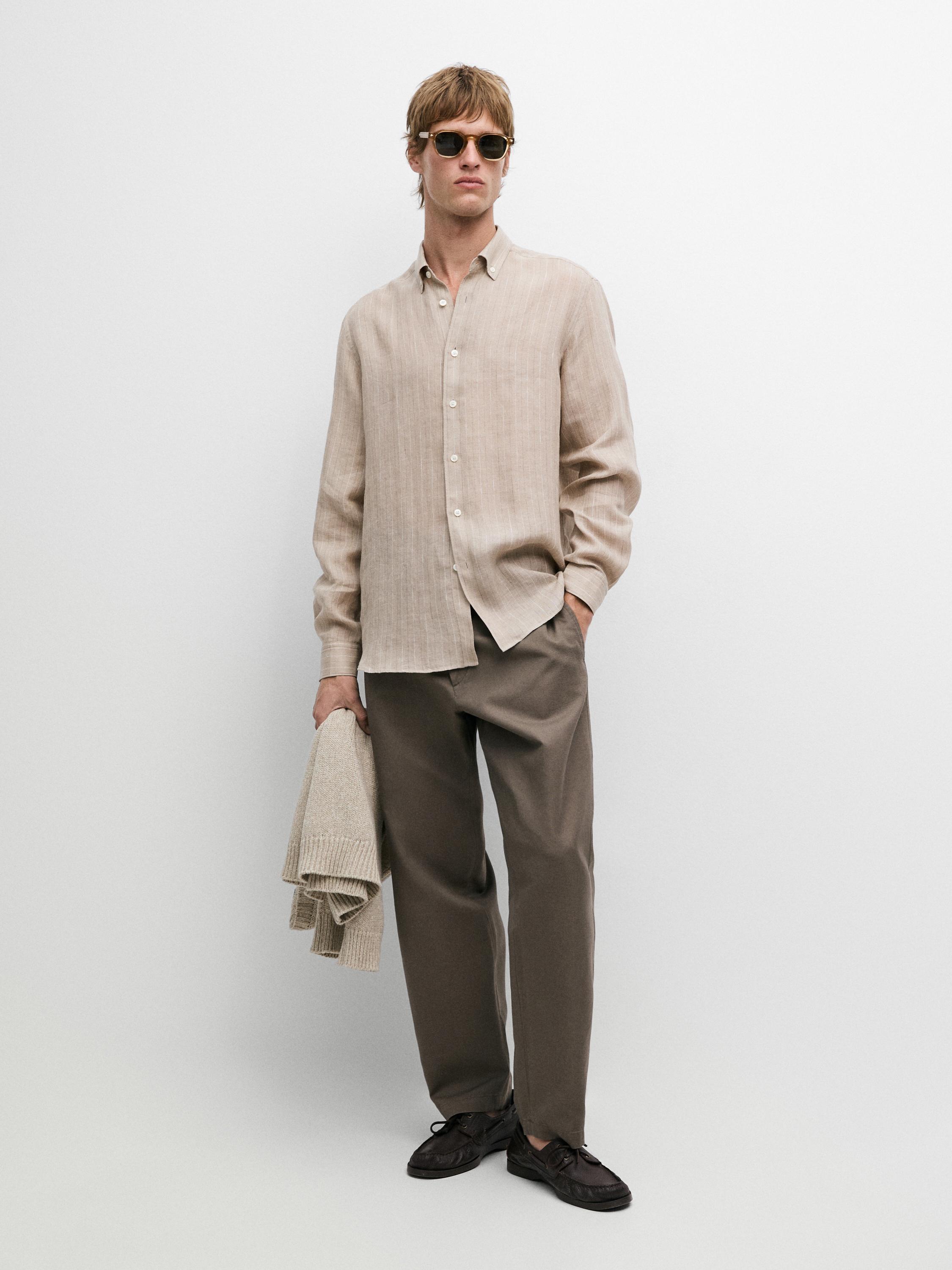 100% linen striped slim fit shirt — CAMEL