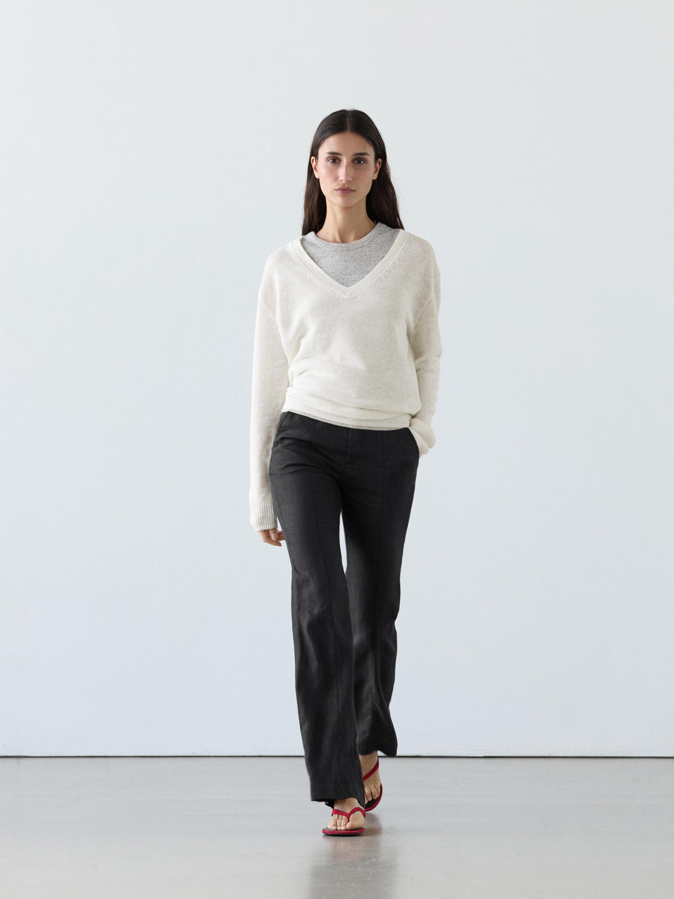 100% linen kick flare fit pants — BLACK