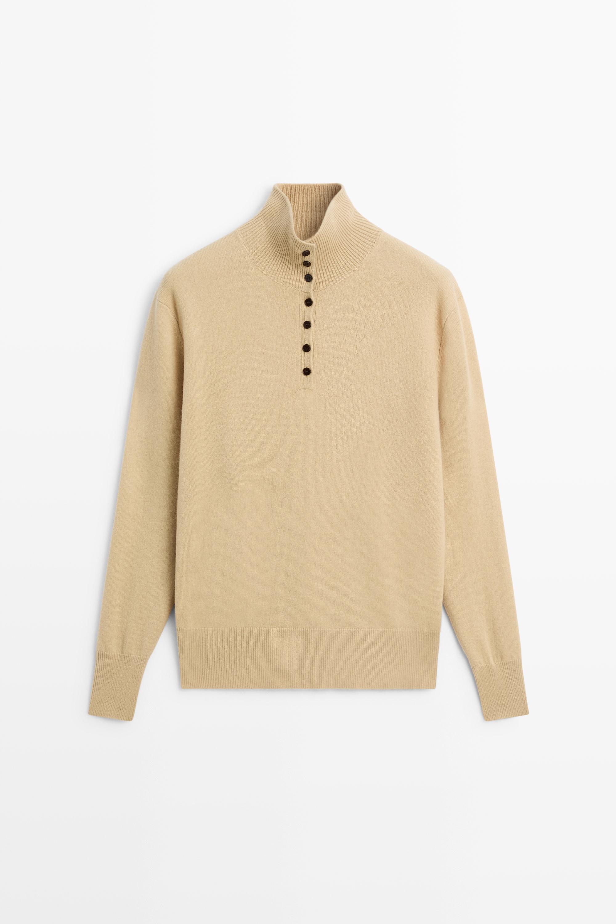 High neck knit sweater with button detail